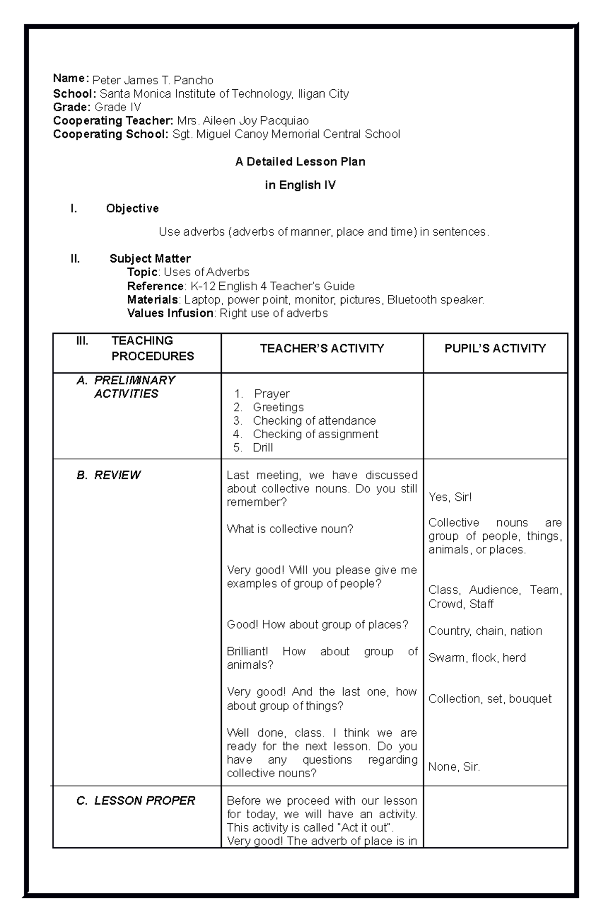 English 4 Lesson Plan - Name: Peter James T. Pancho School: Santa ...