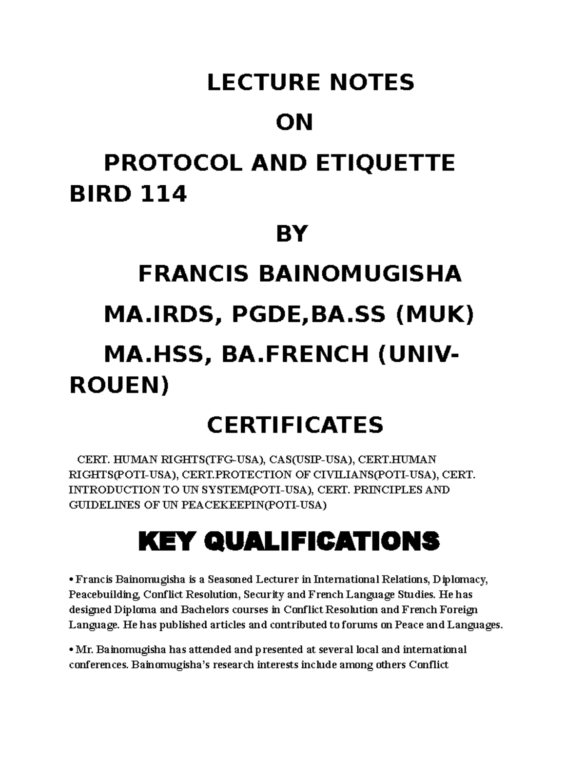 Lecture Notes ON Protocol AND Etiquette BIRD 114 - LECTURE NOTES ON ...
