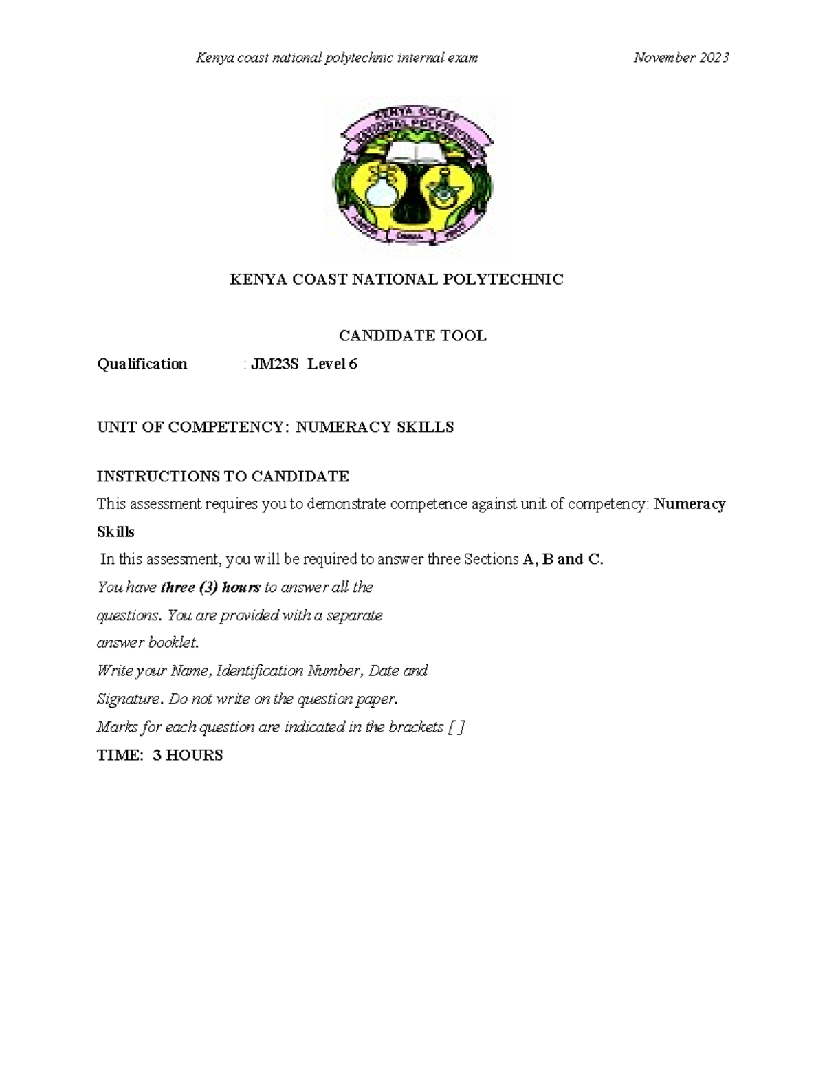 Numeracy skills DJM23S - KENYA COAST NATIONAL POLYTECHNIC CANDIDATE ...