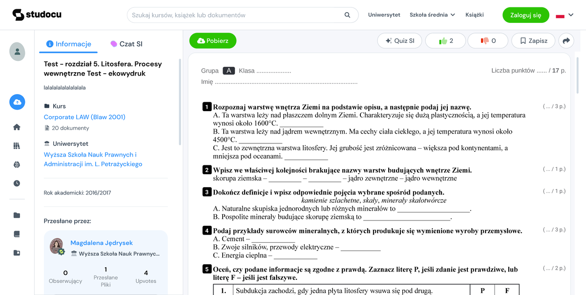 Test - rozdział 5. Litosfera. Procesy wewnętrzne Test - ekowydruk