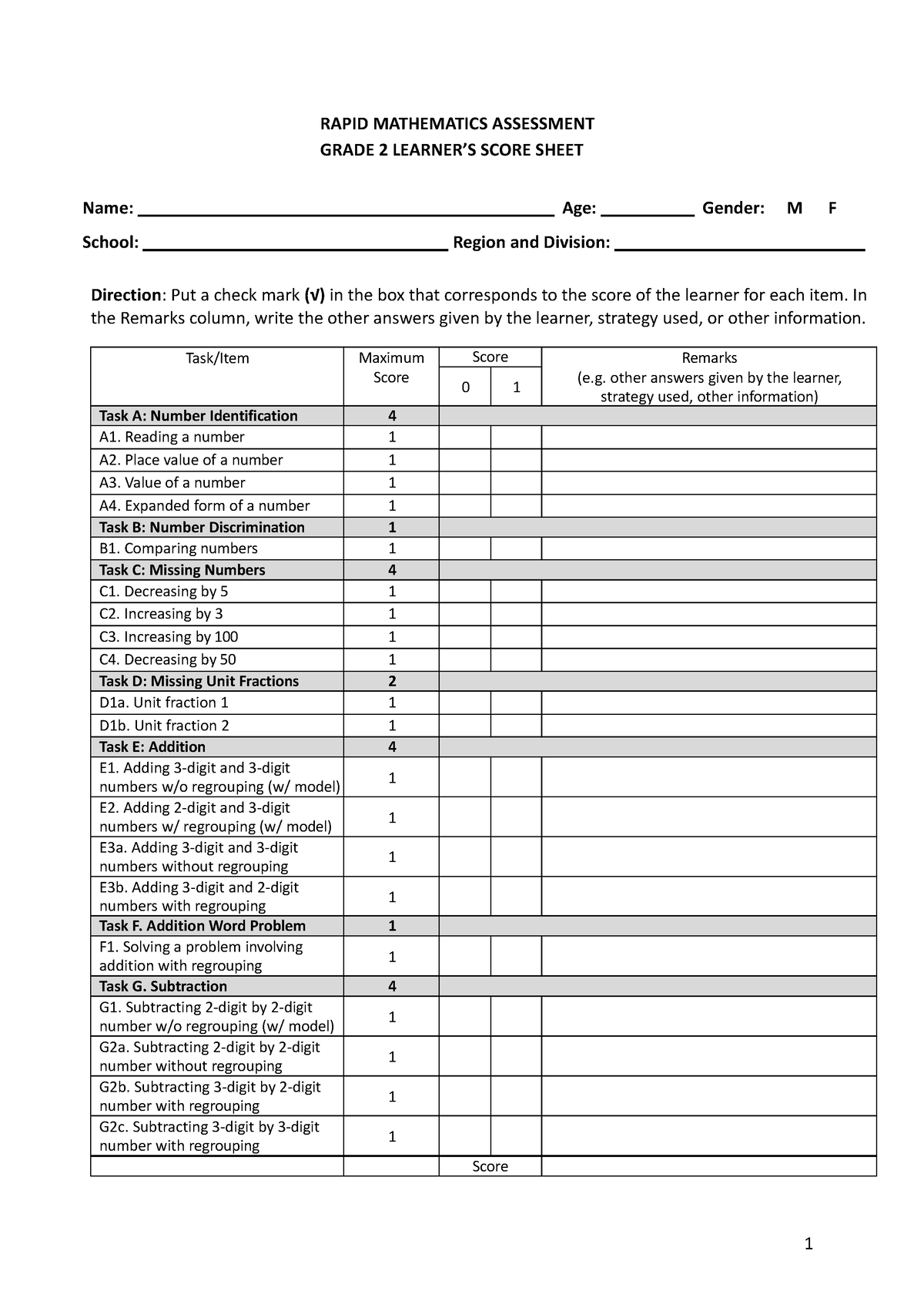 RMA Grade 2 Learner S Scoring Sheet 13 June 2023 RAPID MATHEMATICS