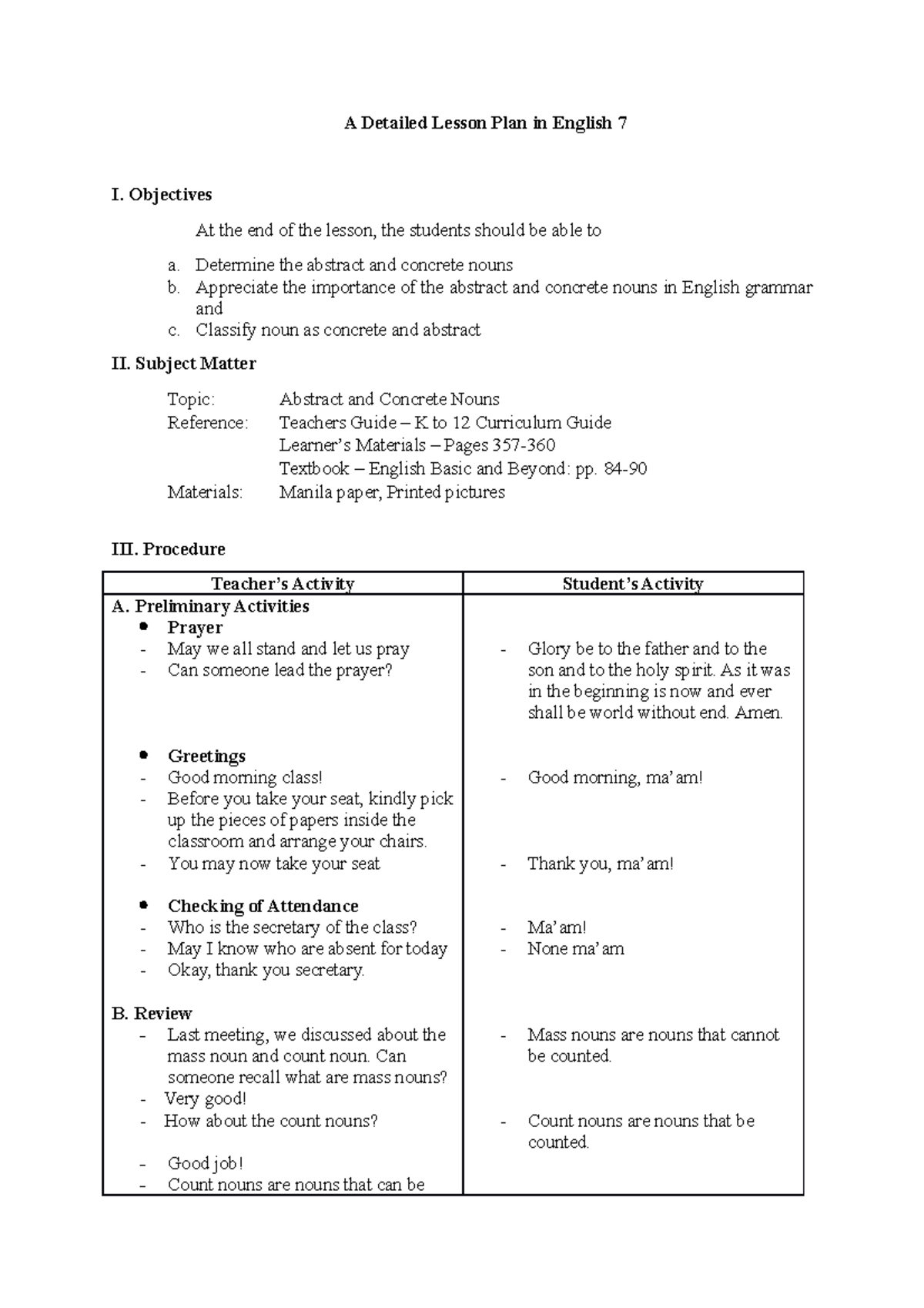 Mass Noun And Count Noun Detailed Lesson Plan