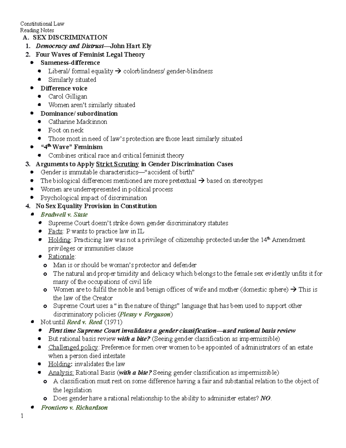 Constitutional Law Outline 1 - Reading Notes A. SEX DISCRIMINATION 1 ...