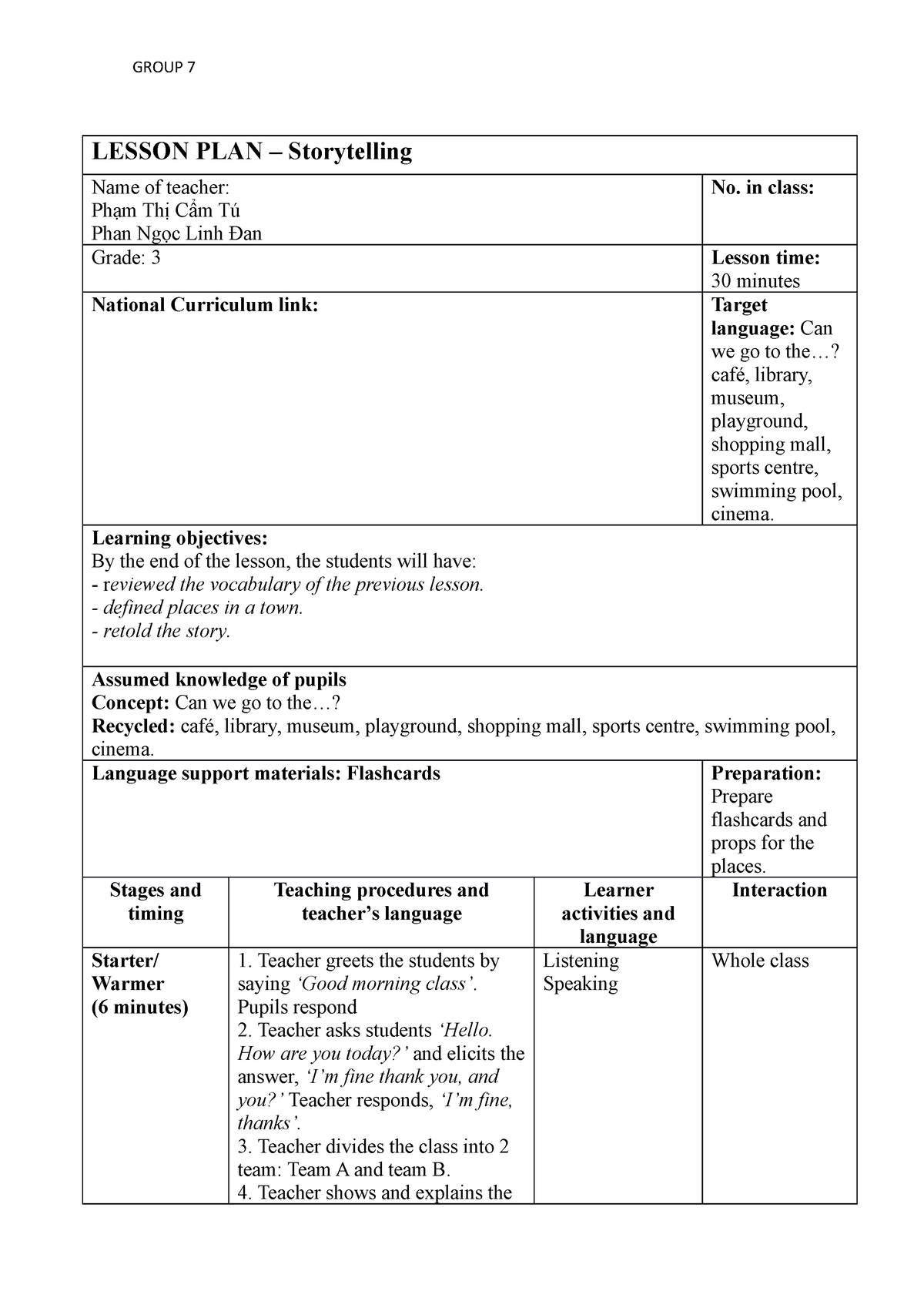 Lesson Plan Unit 7 Storytelling Group 7 Group 7 Lesson Plan Storytelling Name Of 