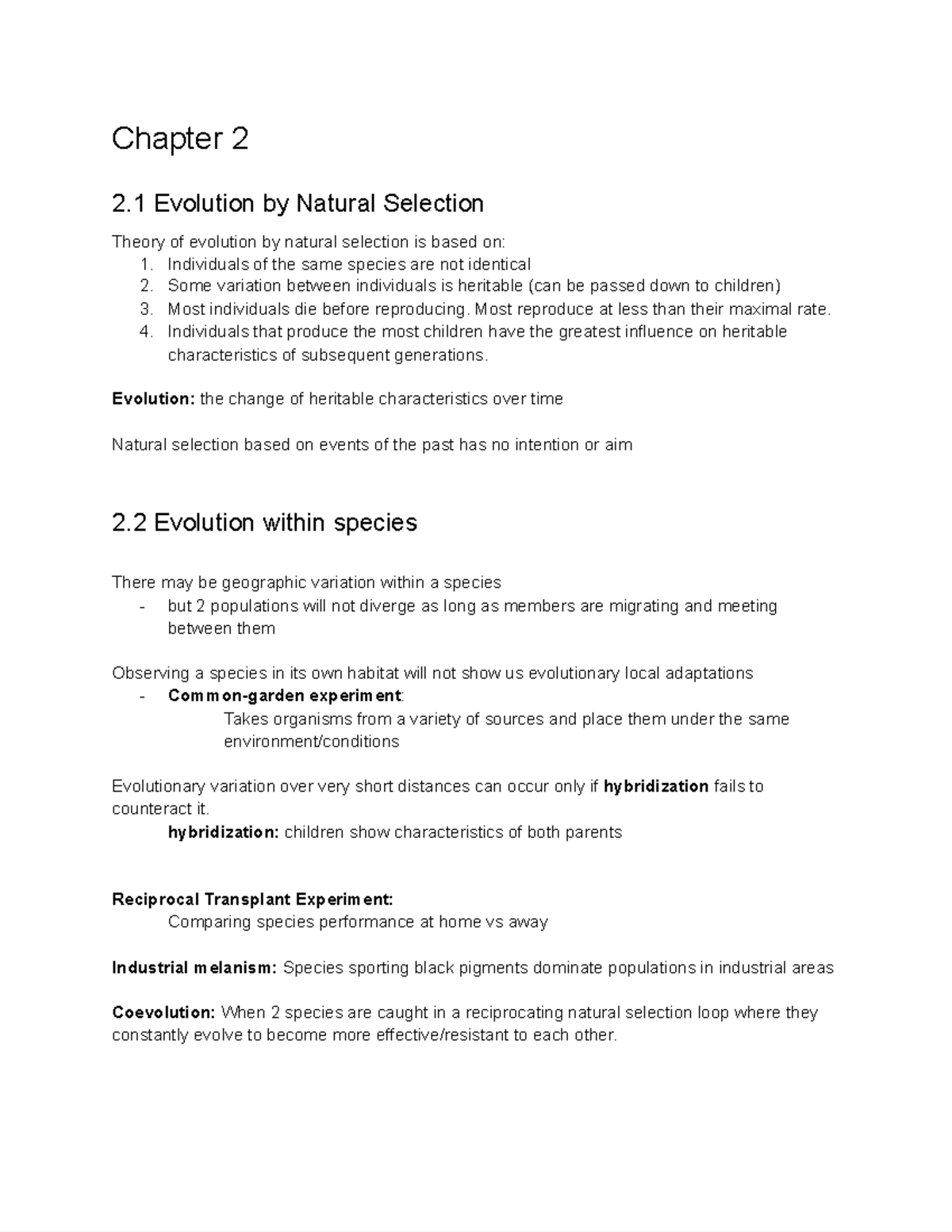 ENVS200 Notes - Chapter 2 2 Evolution by Natural Selection Theory of ...