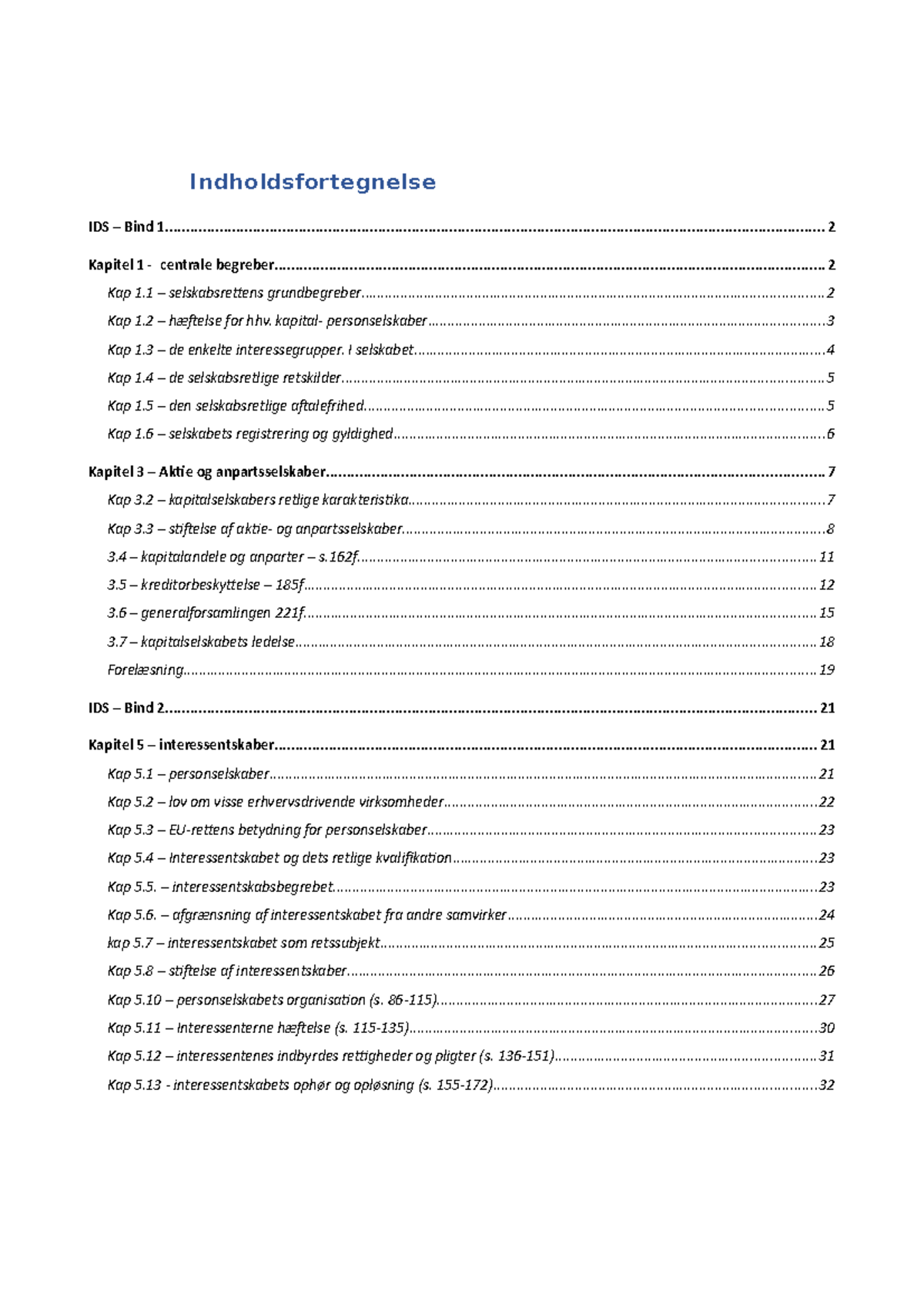 Selskabsret Noter - Indholdsfortegnelse IDS – Bind - Studocu