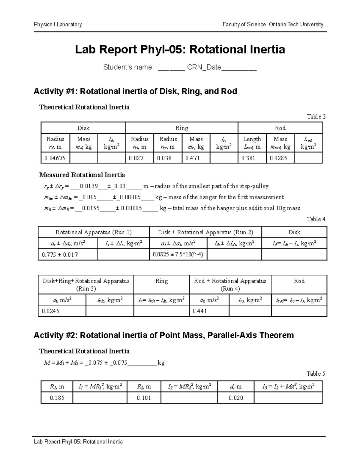 Rotational Inertia Report - Lab Report PhyI-05: Rotational Inertia ...