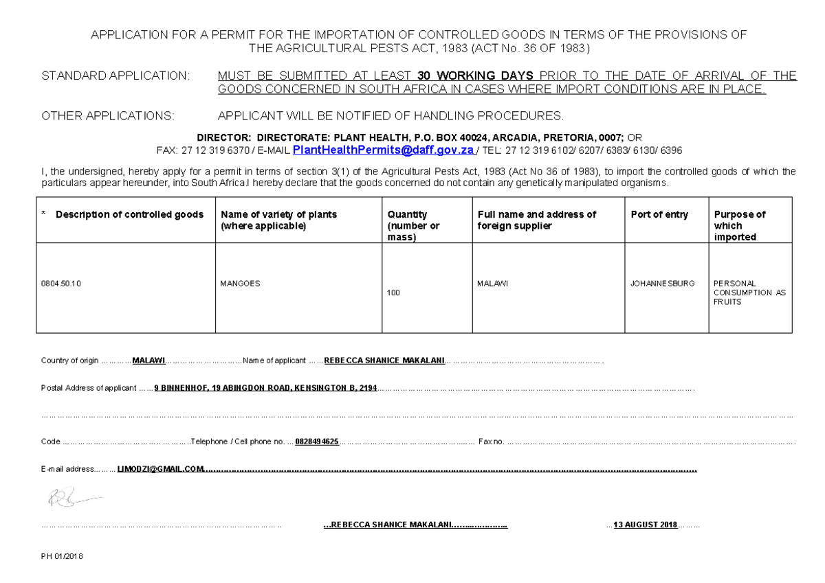 NEW Application FORM Plant Health Permits 25012018 APPLICATION FOR A