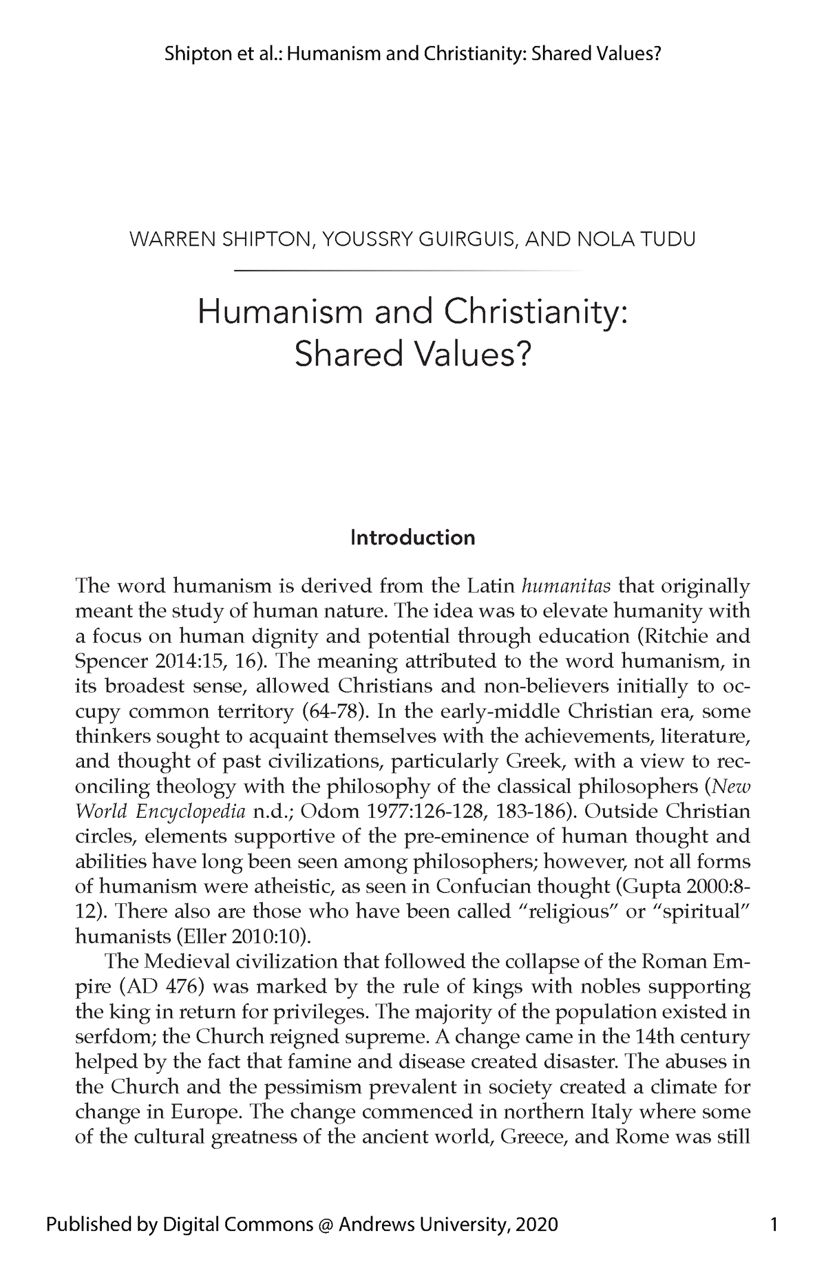 Humanism and Christianity Shared Values - Introduction The word ...