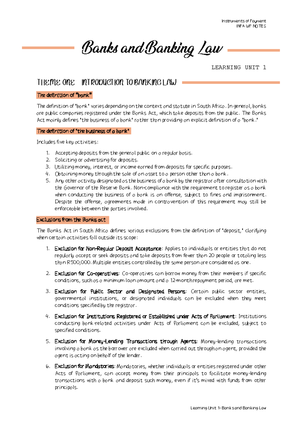 INPA LU1 - Good - INPA WP NOTES LEARNING UNIT 1 The definition of “bank ...