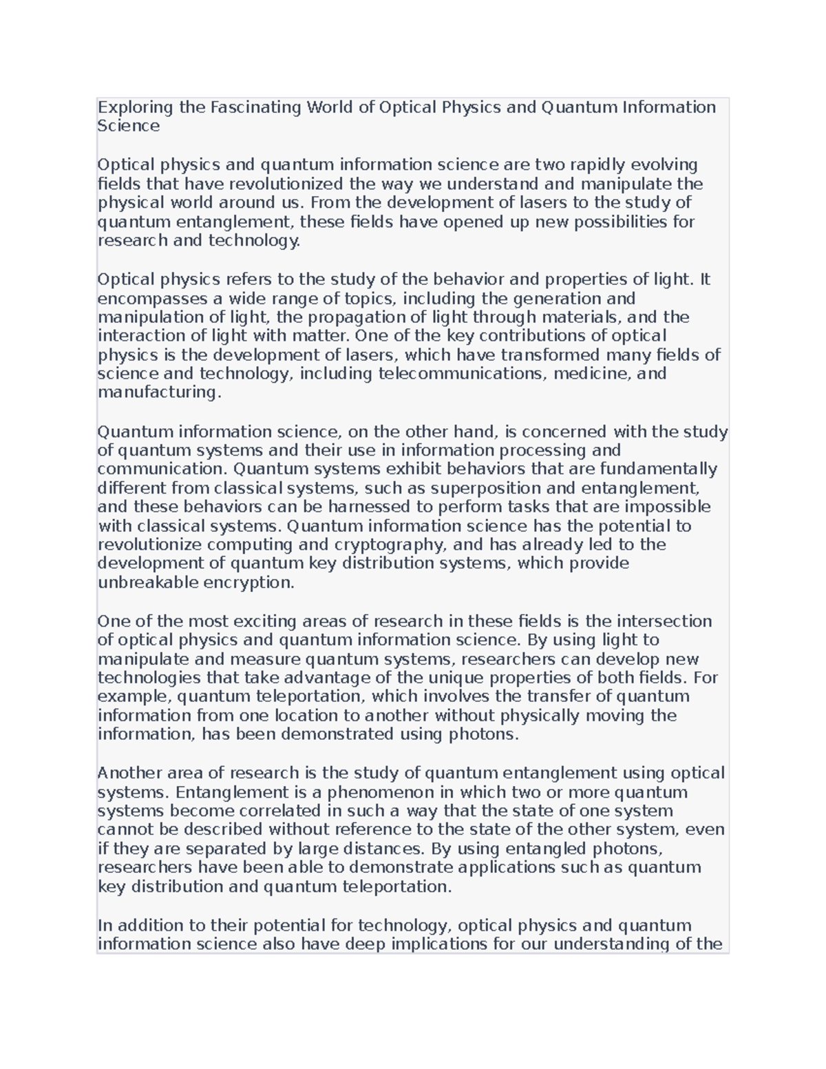 Exploring the Fascinating World of Optical Physics and Quantum