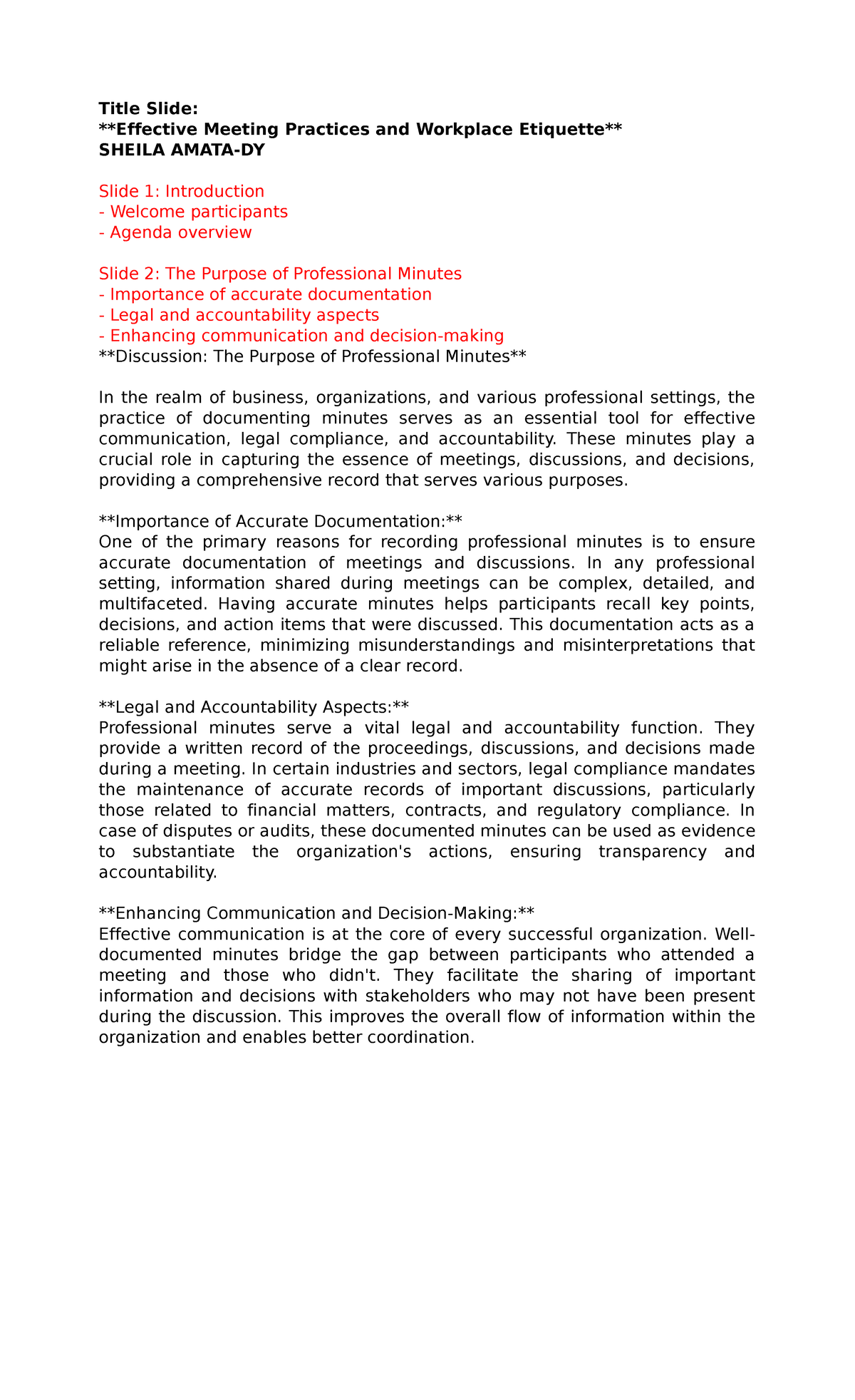 Script for ate shay Unit 7 - Title Slide: Effective Meeting Practices ...