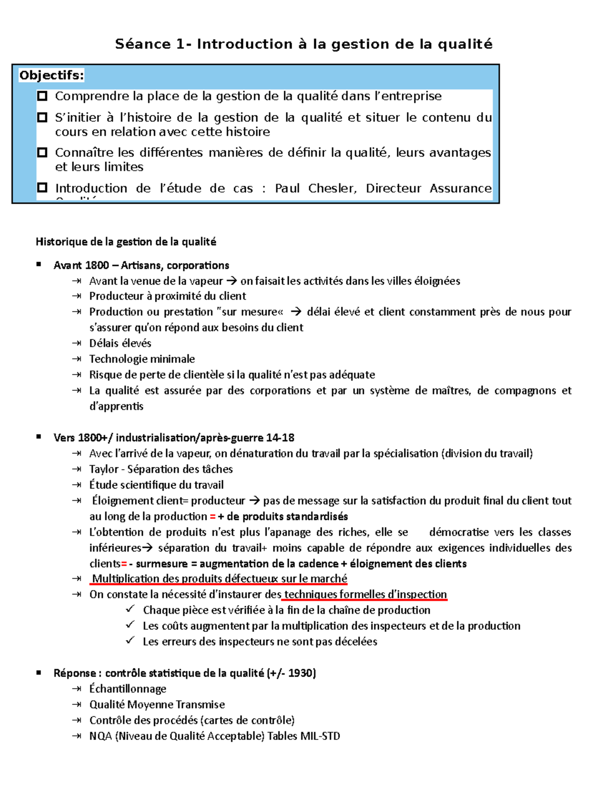 Notes De Cours Gestion De La Qualit Intra S Ance S Ance