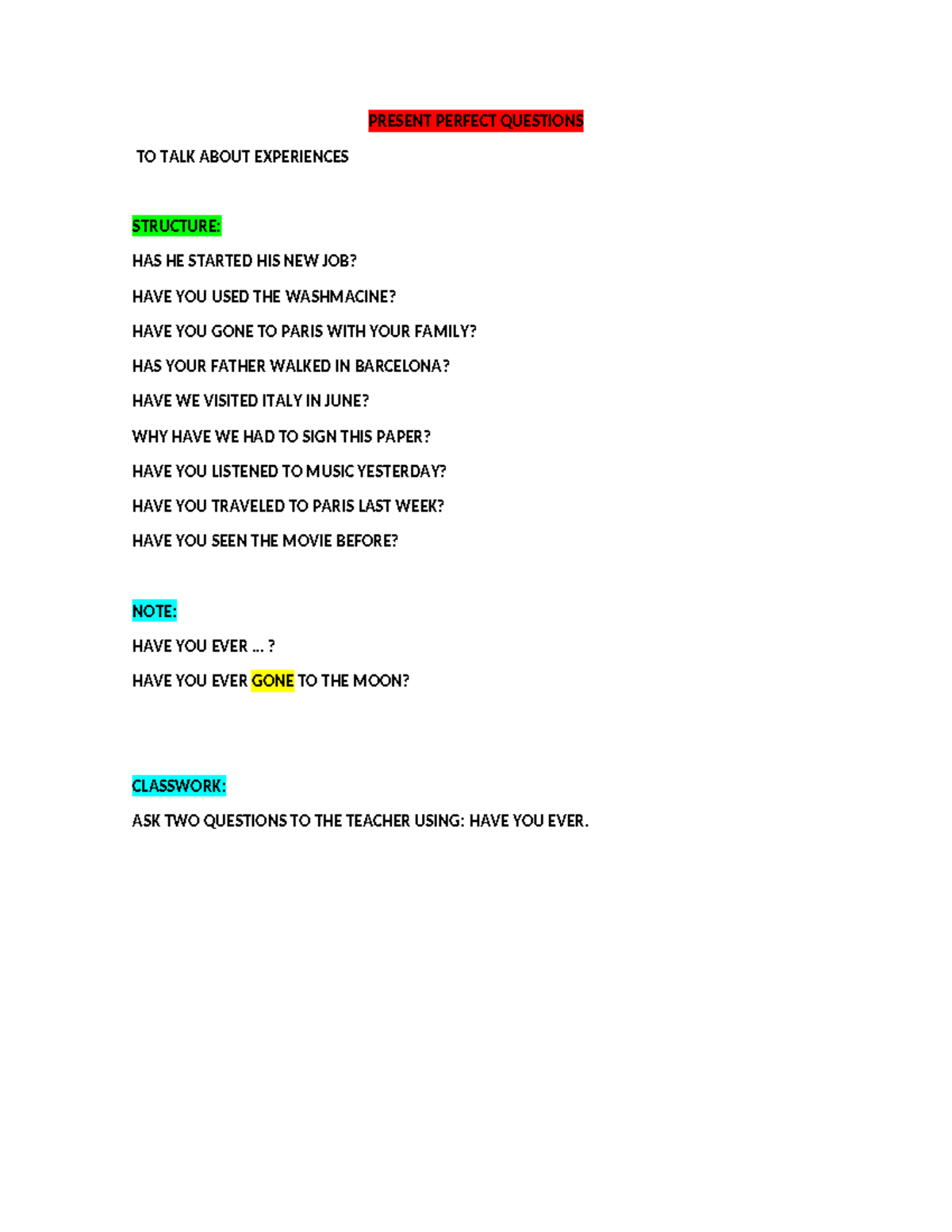 Present Perfect Question Advanced - PRESENT PERFECT QUESTIONS TO TALK ...