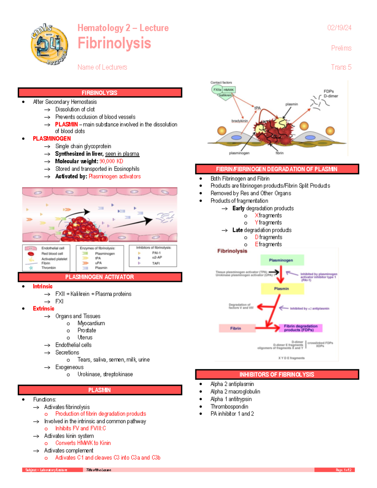 P T5 Hematology 2 Lecture Fibrinolysis - Hematology 2 – Lecture 02 / 19 ...