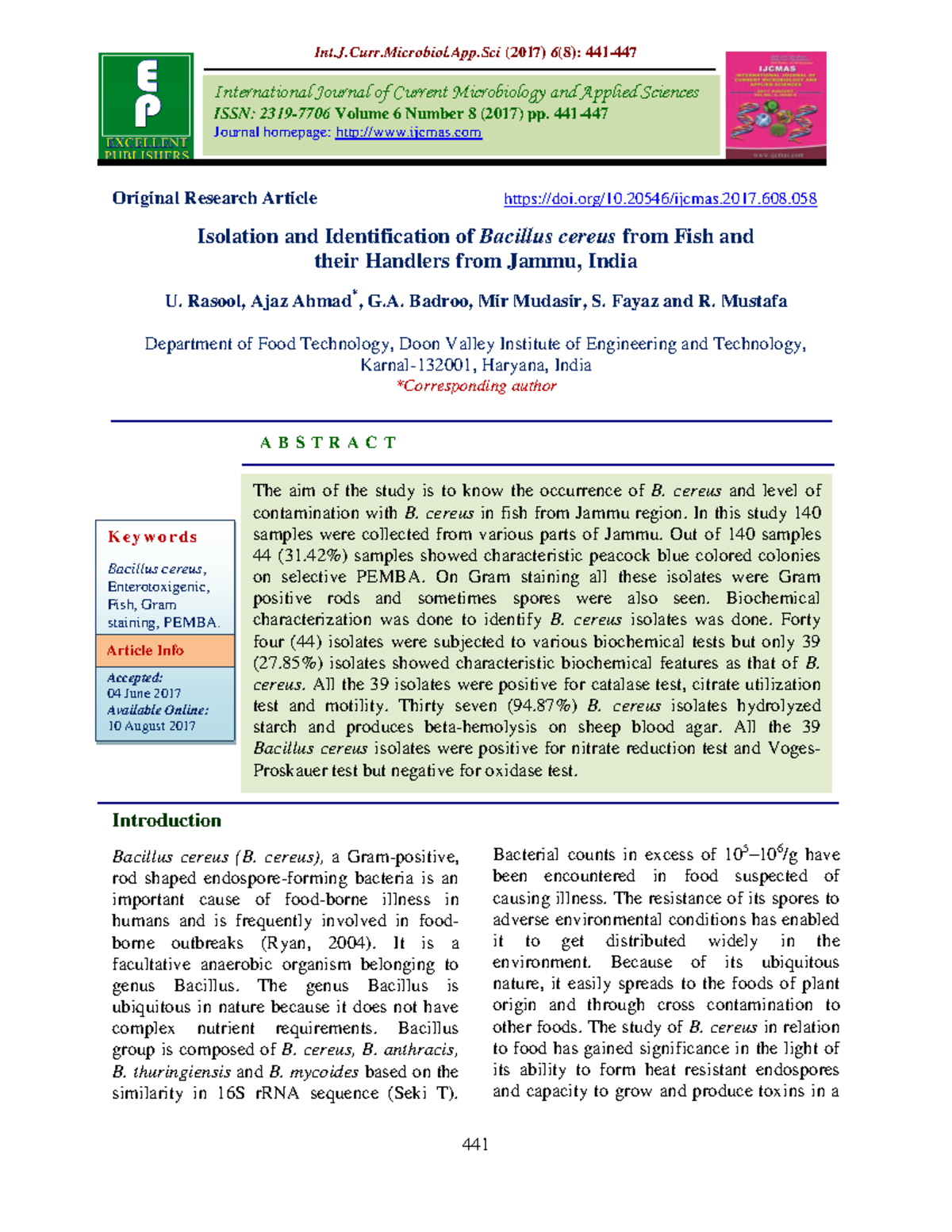 U. Rasool, et al - Original Research Article doi/10.20546/ijcmas.2017. ...