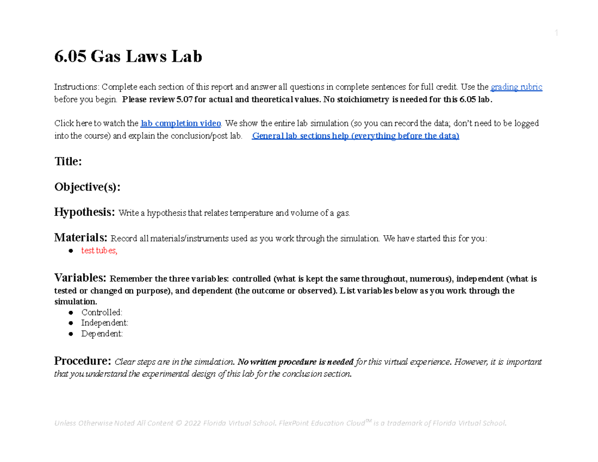 6.05 Gas Laws Lab Chemistry Honors FLVS course 6 Gas Laws Lab
