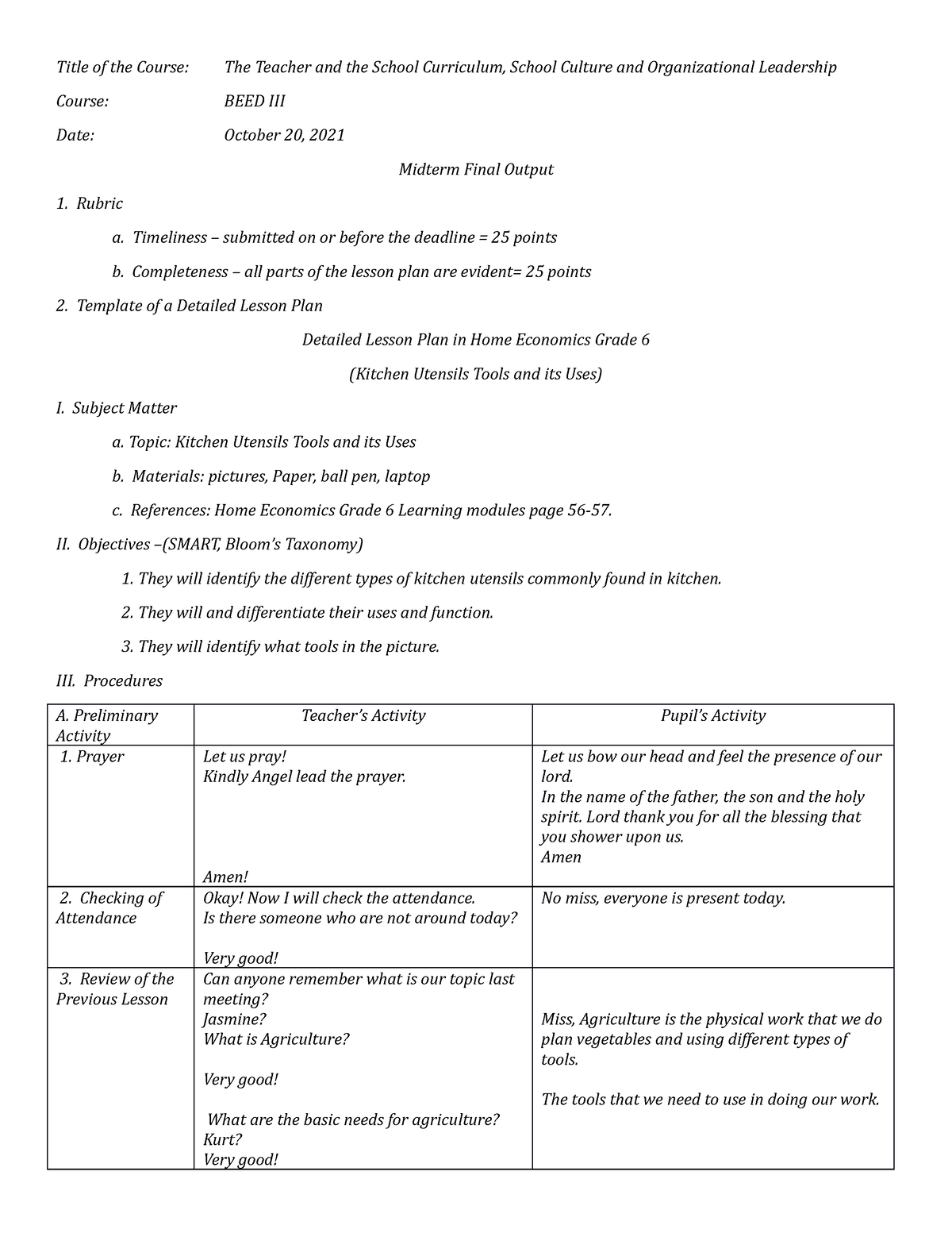 Final Outout Midterm - lesson plan - Title of the Course: The Teacher ...