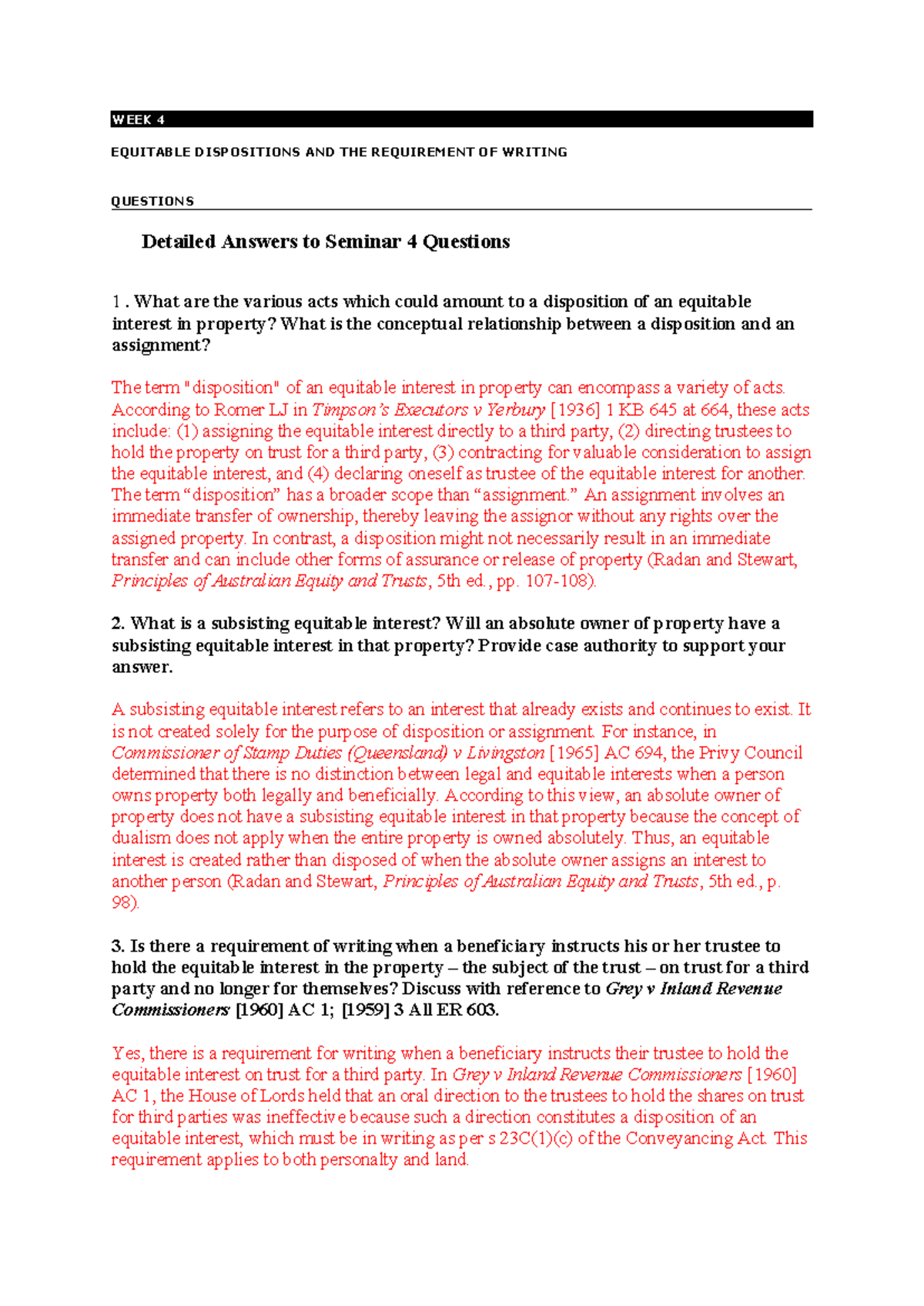 Seminar 4 Questions - 2 - WEEK 4 EQUITABLE DISPOSITIONS AND THE ...