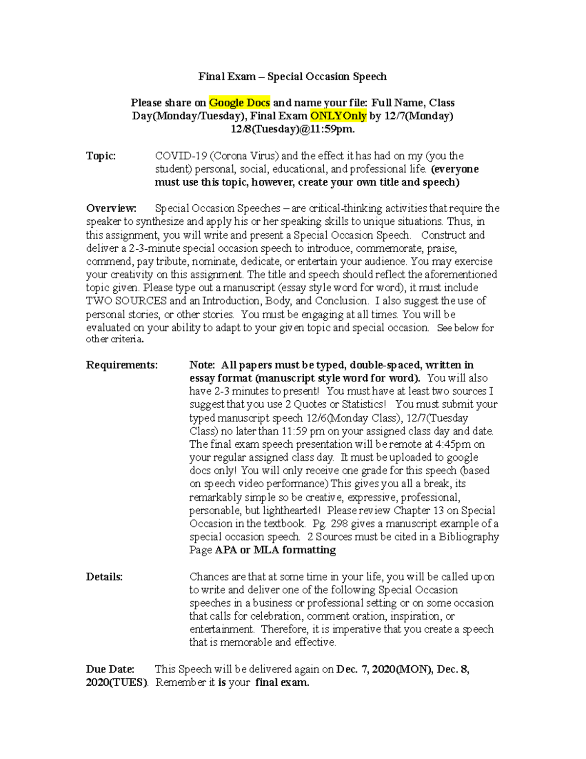 Special Occasion Speech 2020 Final Exam Copy PH 102 Intro To StuDocu