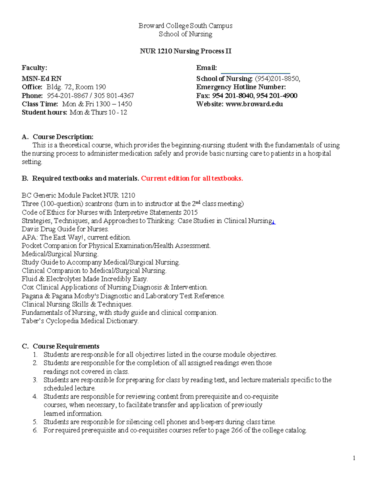 NUR 1210 Syllabus - Broward College South Campus School Of Nursing NUR ...