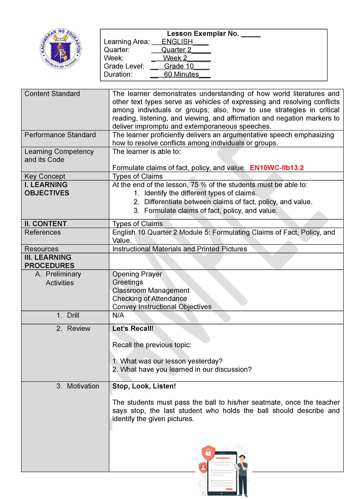 Lesson-PLAN-2 - Lesson Plan Sample - Learning Area: ENGLISH____ Quarter ...