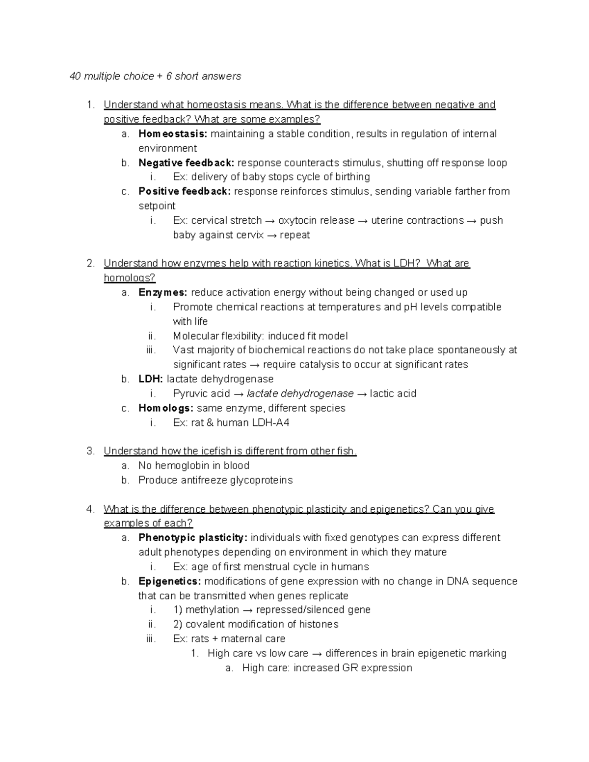 Final Exam Study Guide 40 multiple choice + 6 short answers