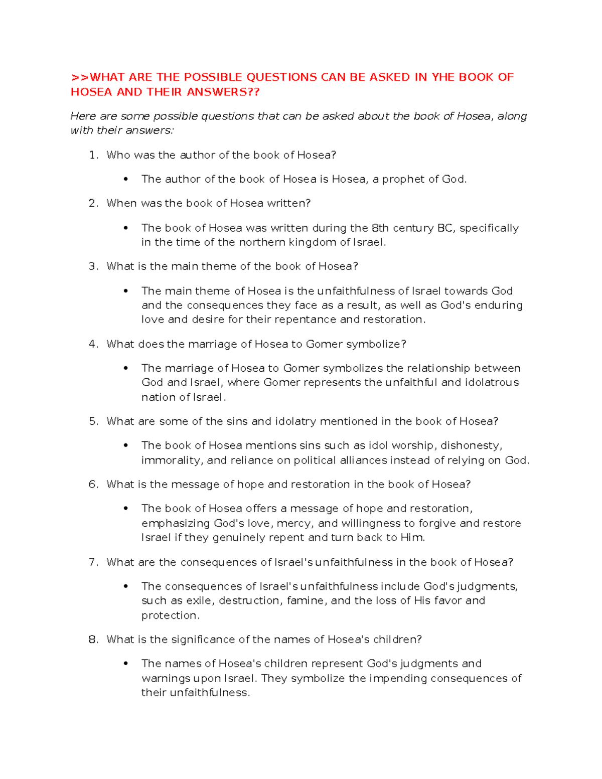 WHAT ARE THE Possible Questions CAN BE Asked IN YHE BOOK OF Hosea AND