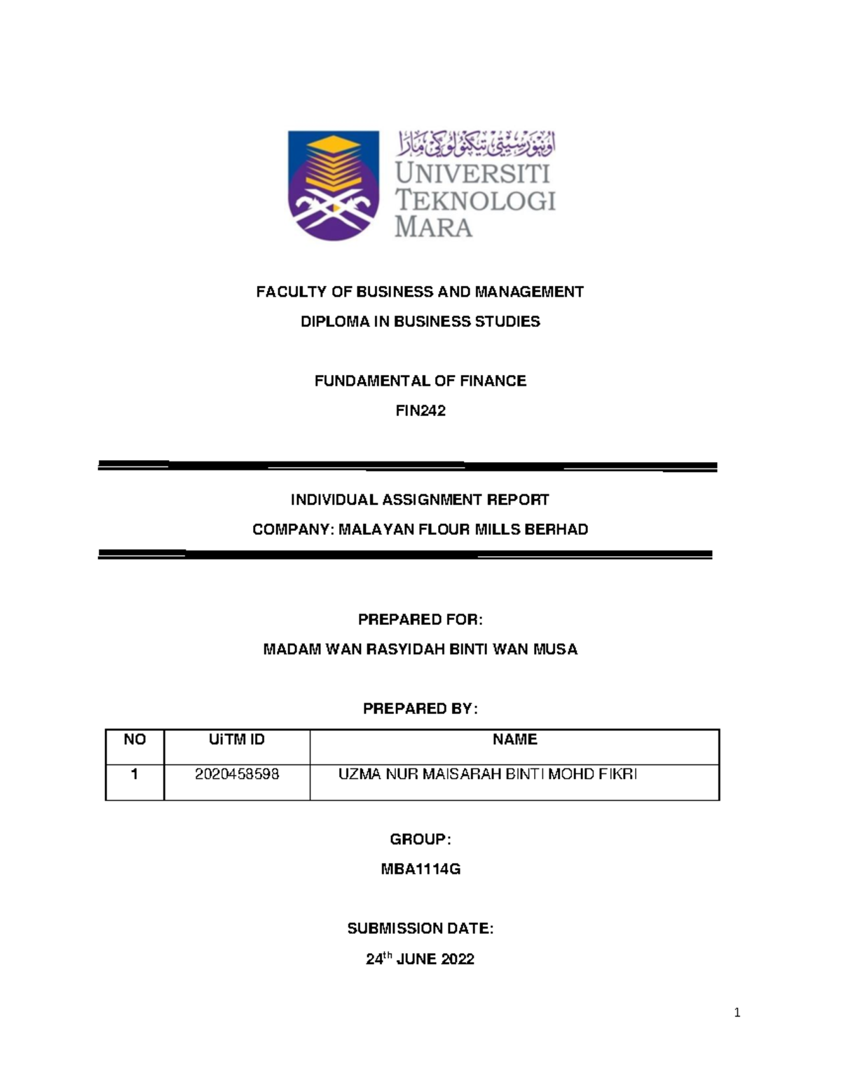 Individual Assignment FIN242 - FACULTY OF BUSINESS AND MANAGEMENT ...