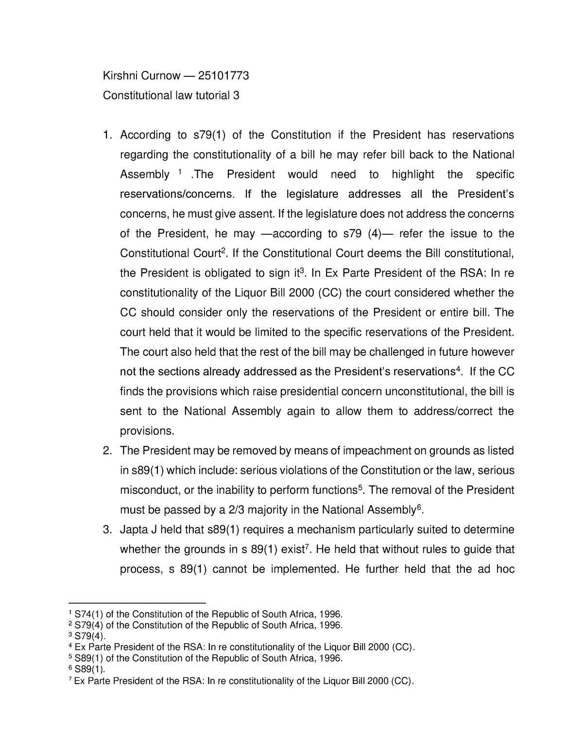 Conlaw tut3 - Constitutional law 271 tutorial three. - Kirshni Curnow ...