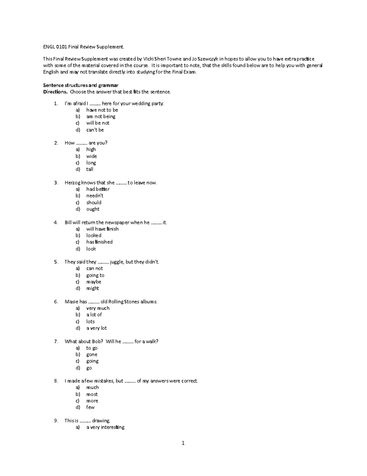 Final Exam Review ENGL101 - ENGL 0101 Final Review Supplement. This ...