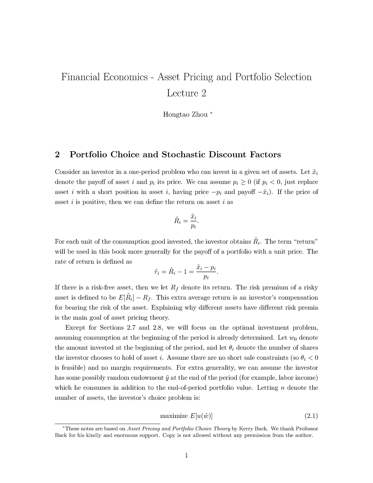 Financial Economics - Asset Pricing and Portfolio Selection Lecture 2 ...