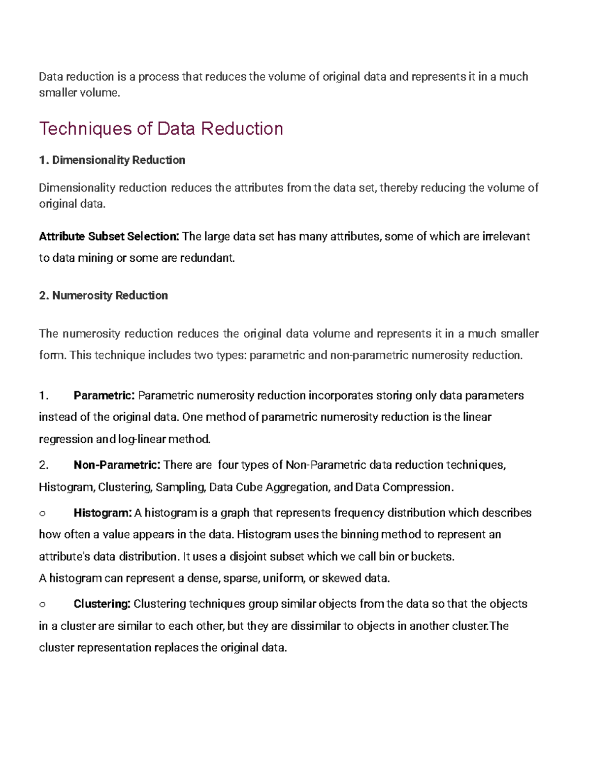 Data Reduction - This will introduce the concepts of data ware house ...