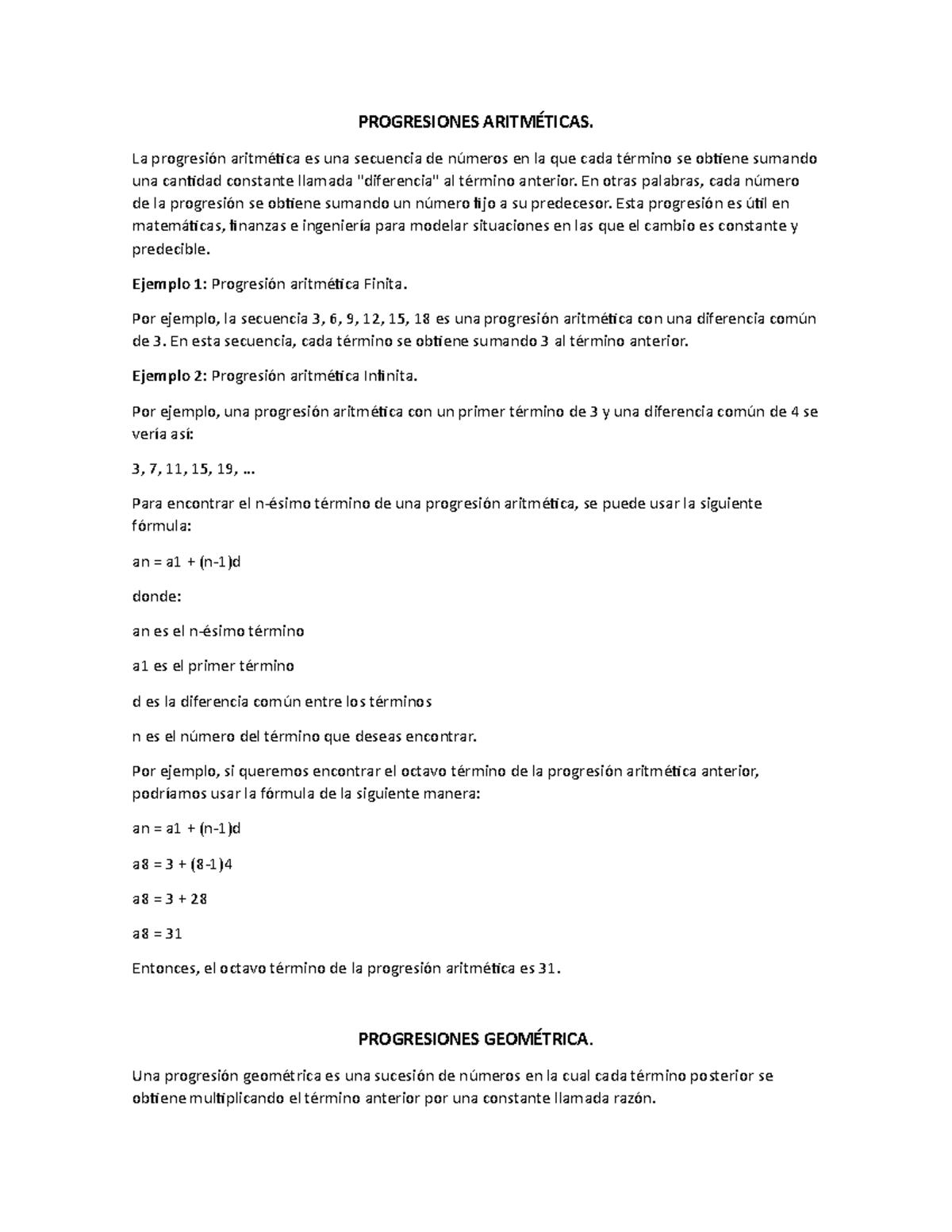 Progresiones Aritméticas Y Geométricas - PROGRESIONES ARITMÉTICAS. La ...