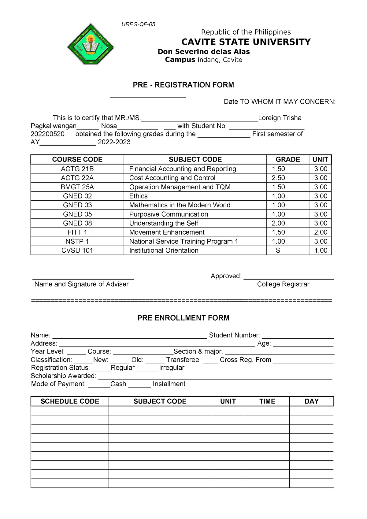 Pre-reg - wds - UREG-QF- Republic of the Philippines CAVITE STATE ...