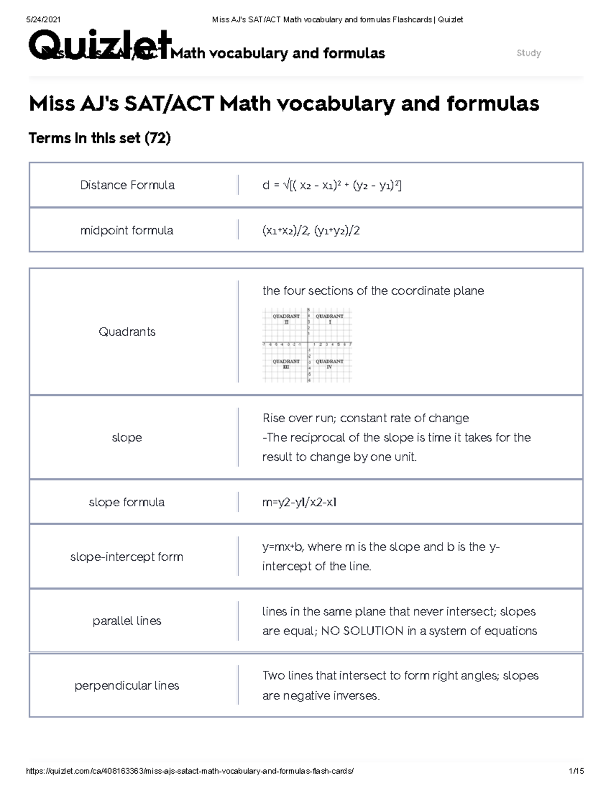 Miss AJ's SAT ACT Math vocabulary and formulas Flashcards Quizlet ...