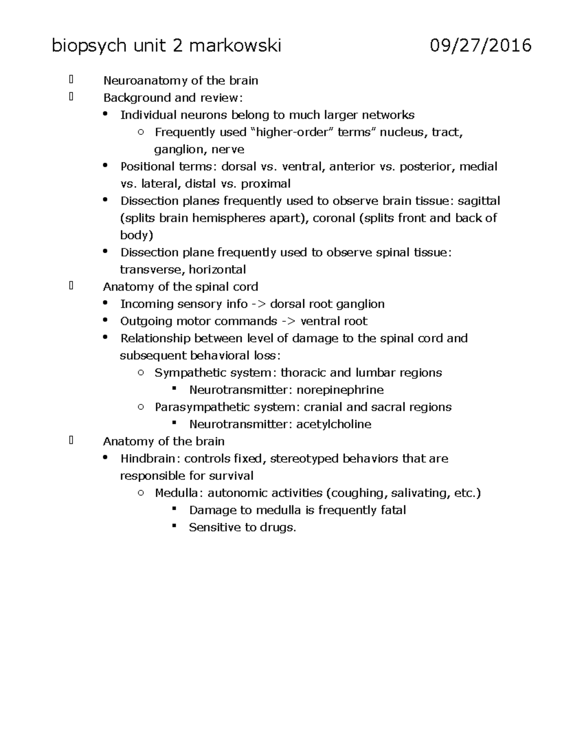 Biopsych Unit 2 - Biopsych Unit 2 Markowski 09/27/ Neuroanatomy Of The ...