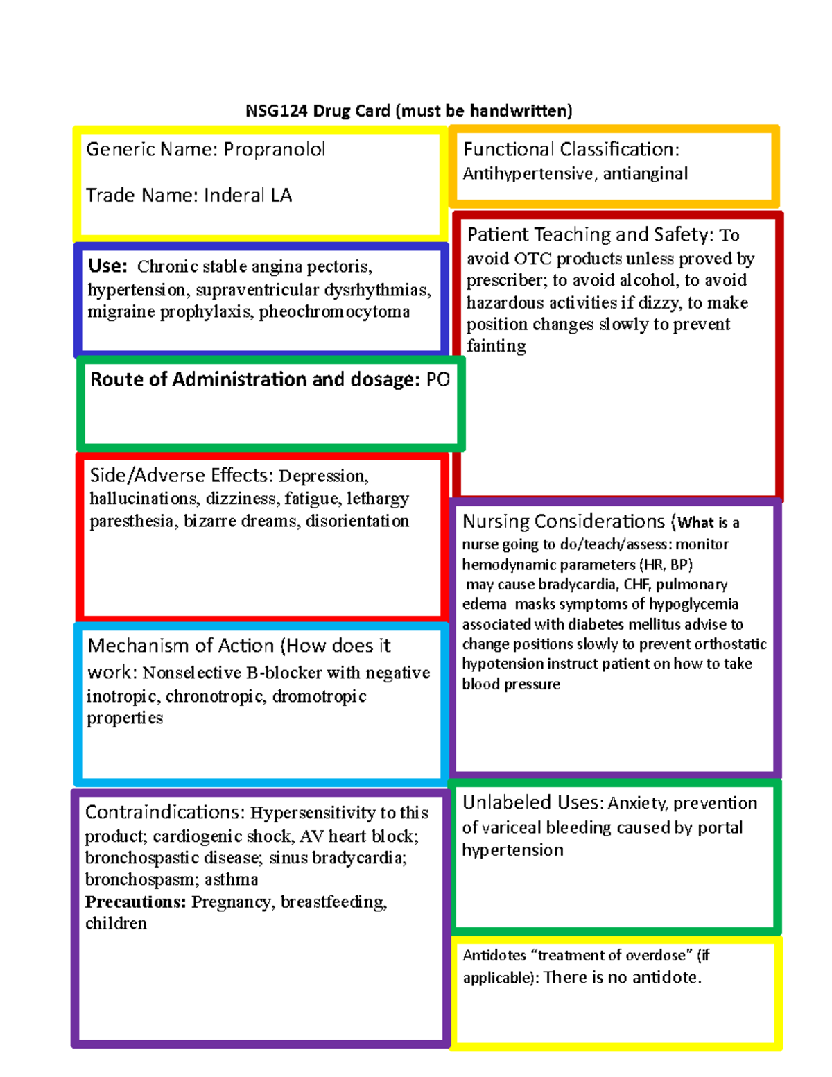 Propranolol - note - NSG124 Drug Card (must be handwritten) Generic ...