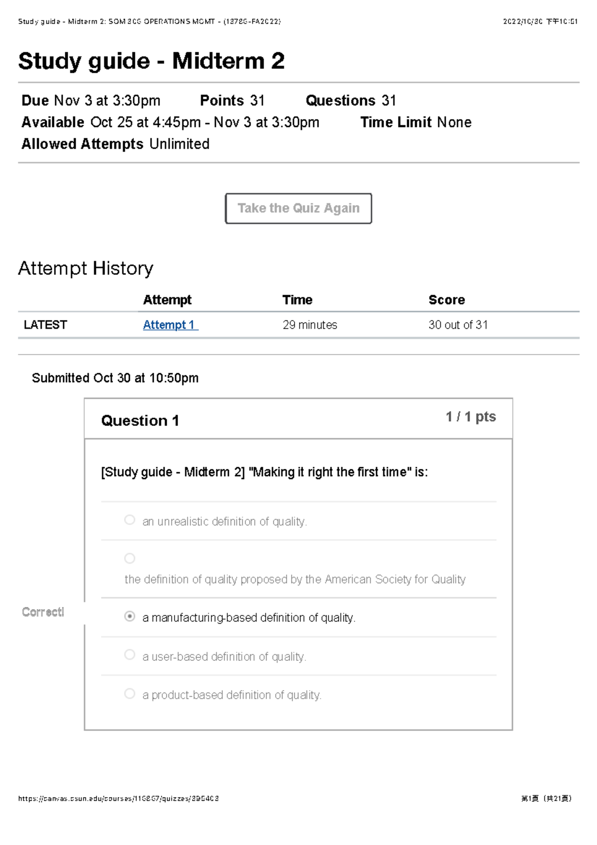 Study Guide - Midterm 2: SOM 306 Operations MGMT - (13786-FA2022 ...