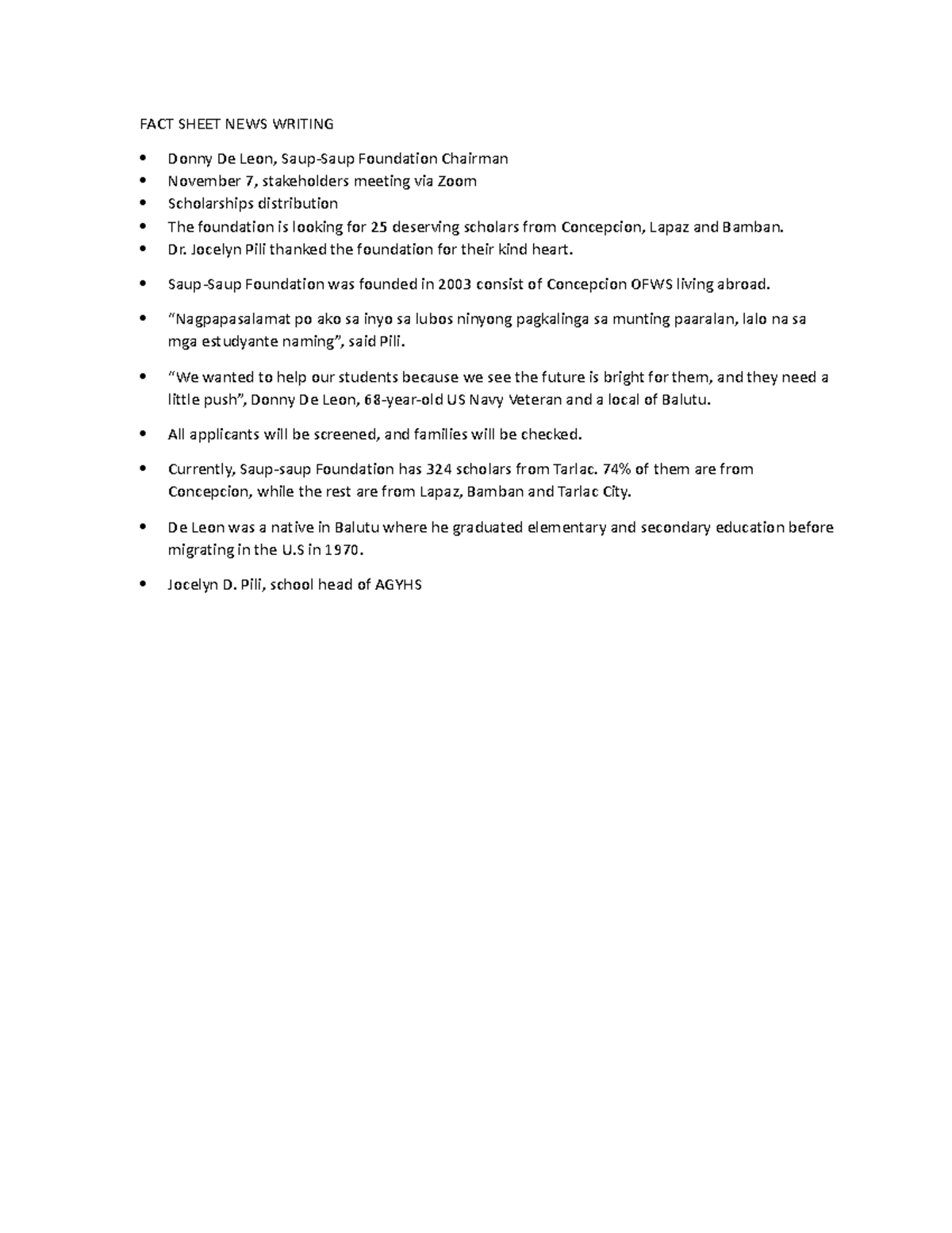 FACT Sheet NEWS Writing FACT SHEET NEWS WRITING Donny De Leon, Saup