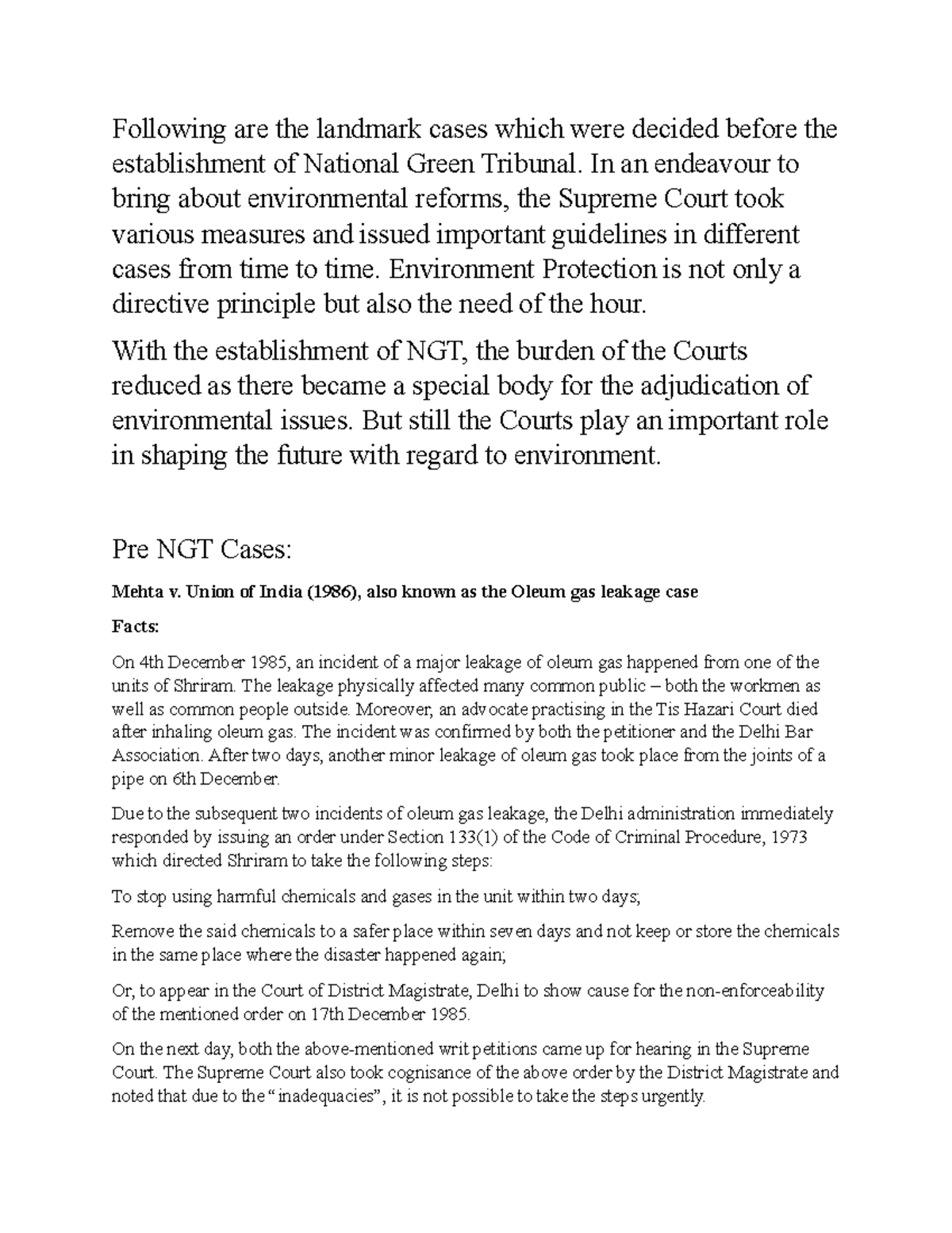 Pre and post NGT Cases Following are the landmark cases which were