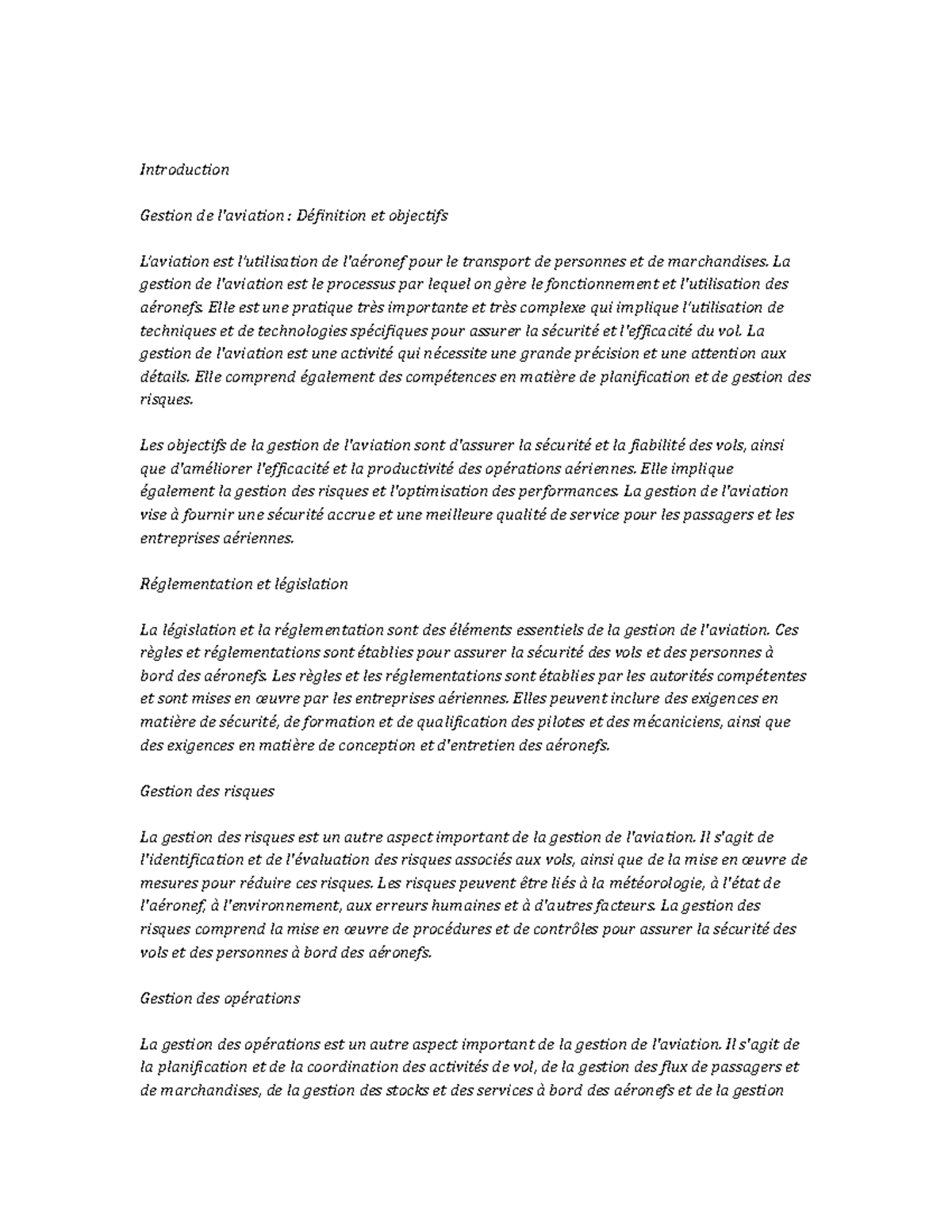 Gestion de l'aviation Notes de cours Introduction Gestion de l