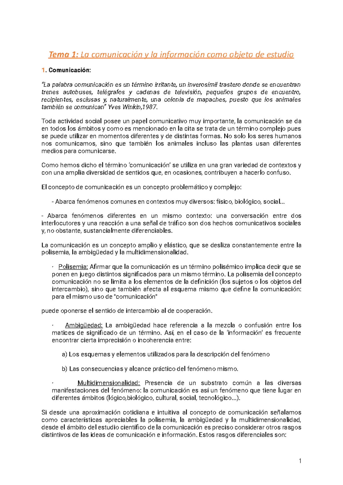 Tema 1, Examen - Tema 1: La Comunicación Y La Información Como Objeto ...