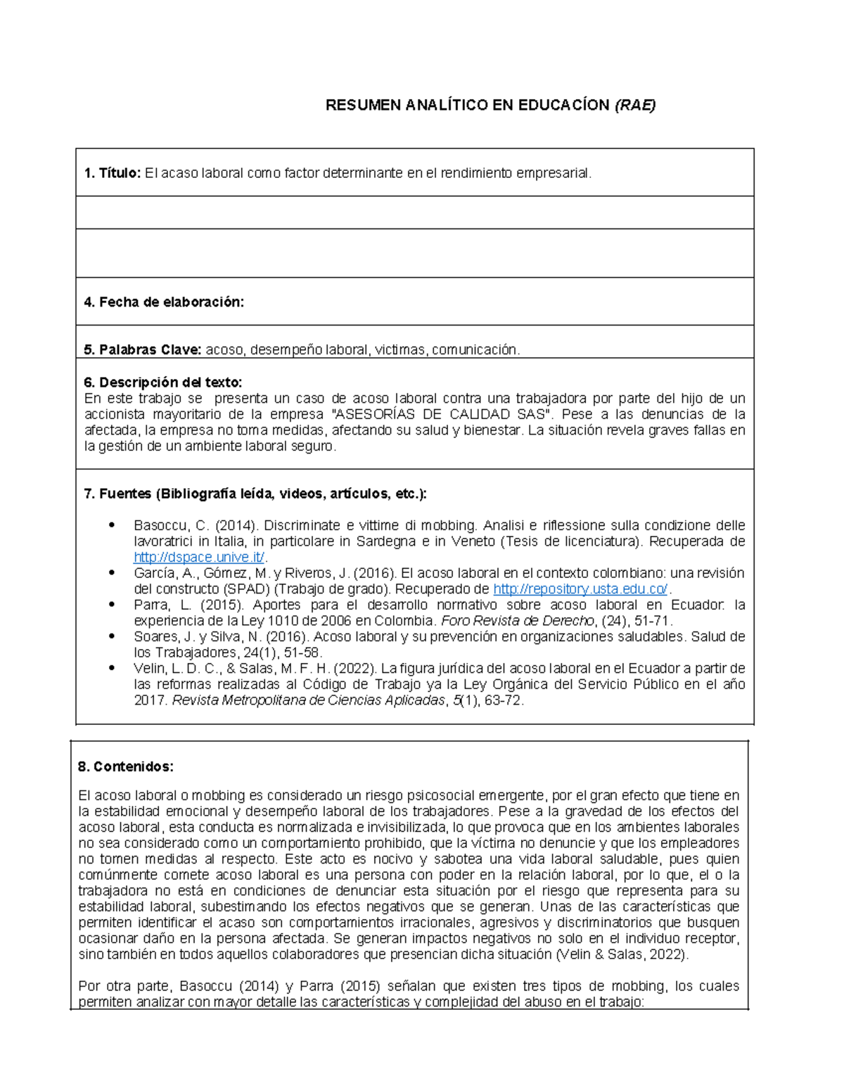 Formato de RAE - resumen analitico - RESUMEN ANALÍTICO EN EDUCACÍON ...