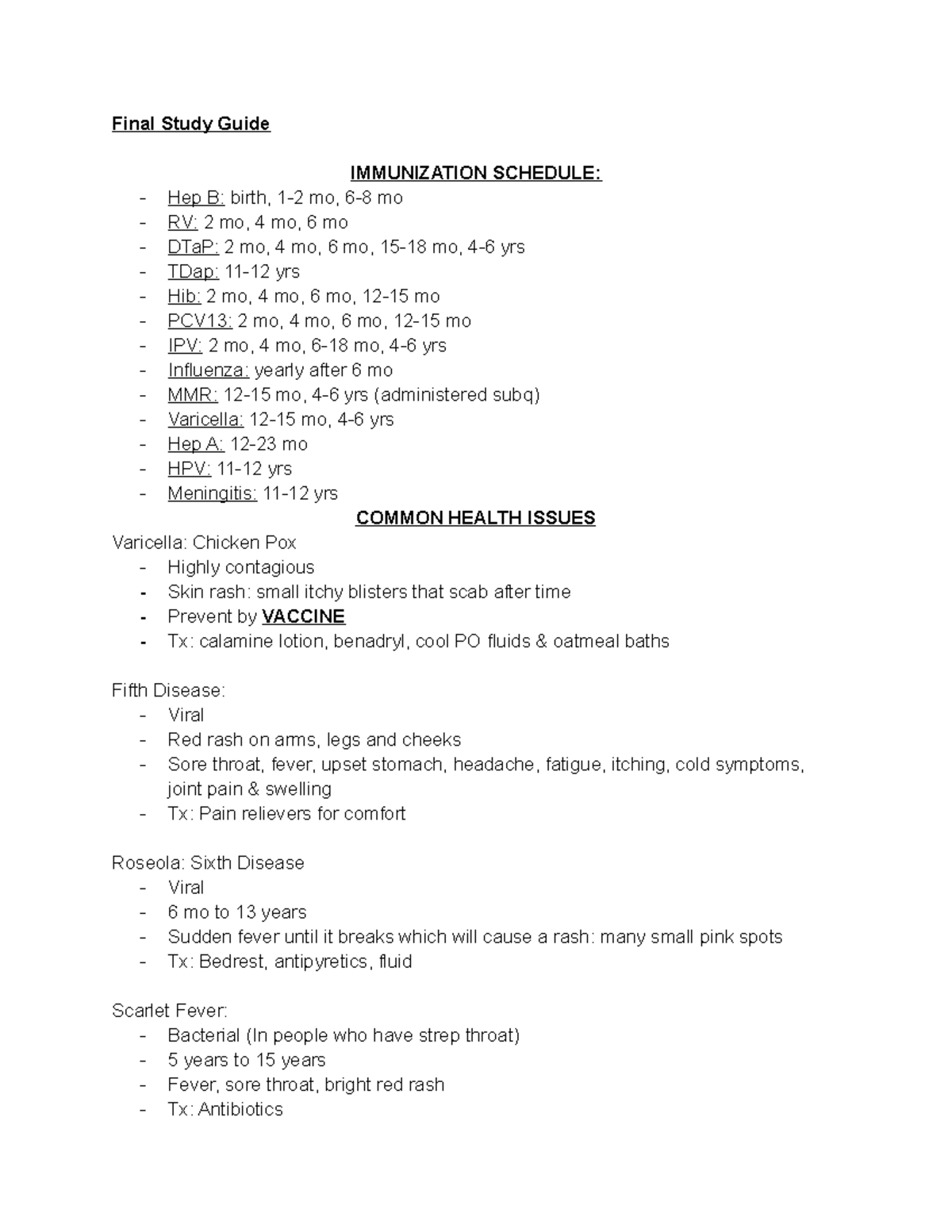 Pedi Final Study Guide - Final Study Guide IMMUNIZATION SCHEDULE: Hep B ...
