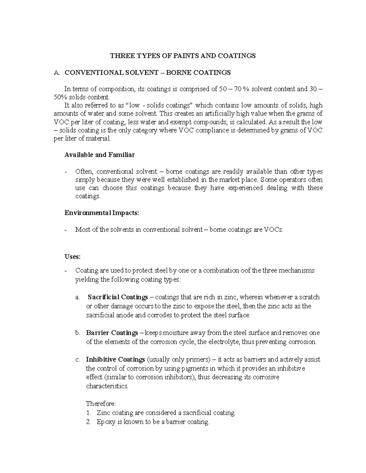 Three Types of Paints and Coatings (Discussion) THREE TYPES OF PAINTS