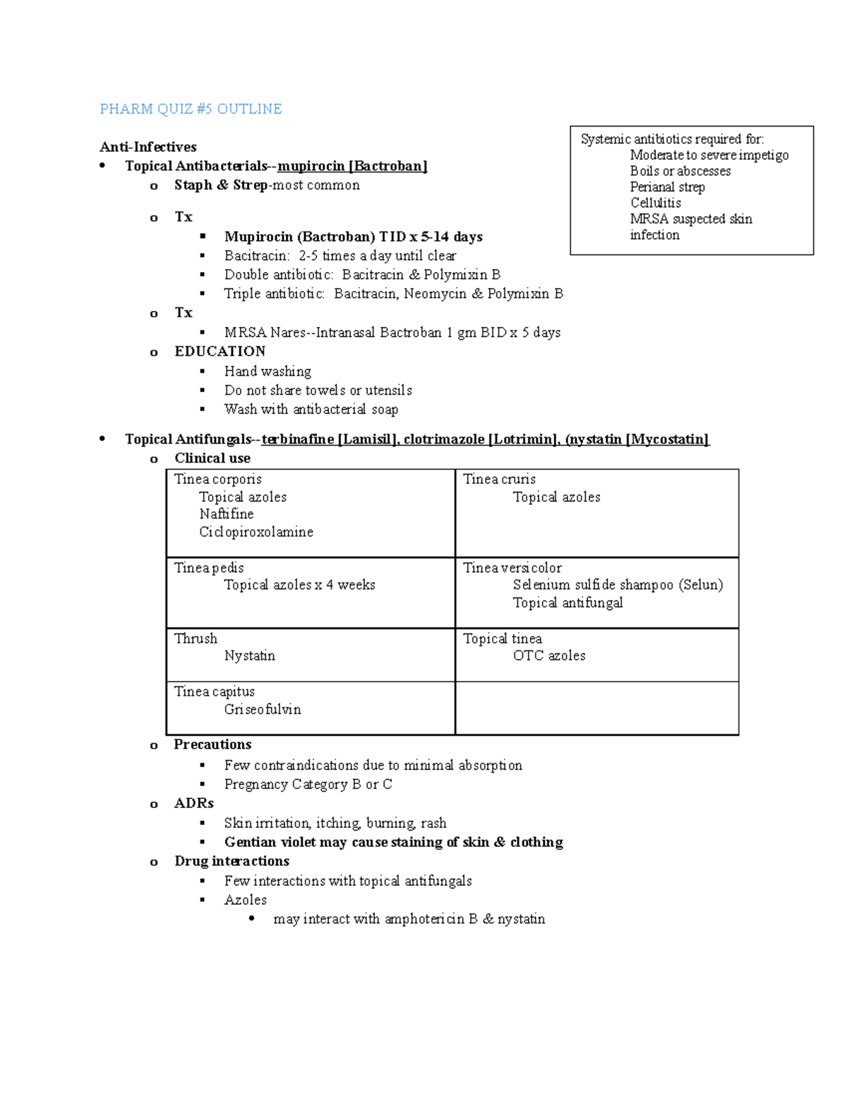 Pharm April quiz outline PHARM QUIZ 5 OUTLINE AntiInfectives
