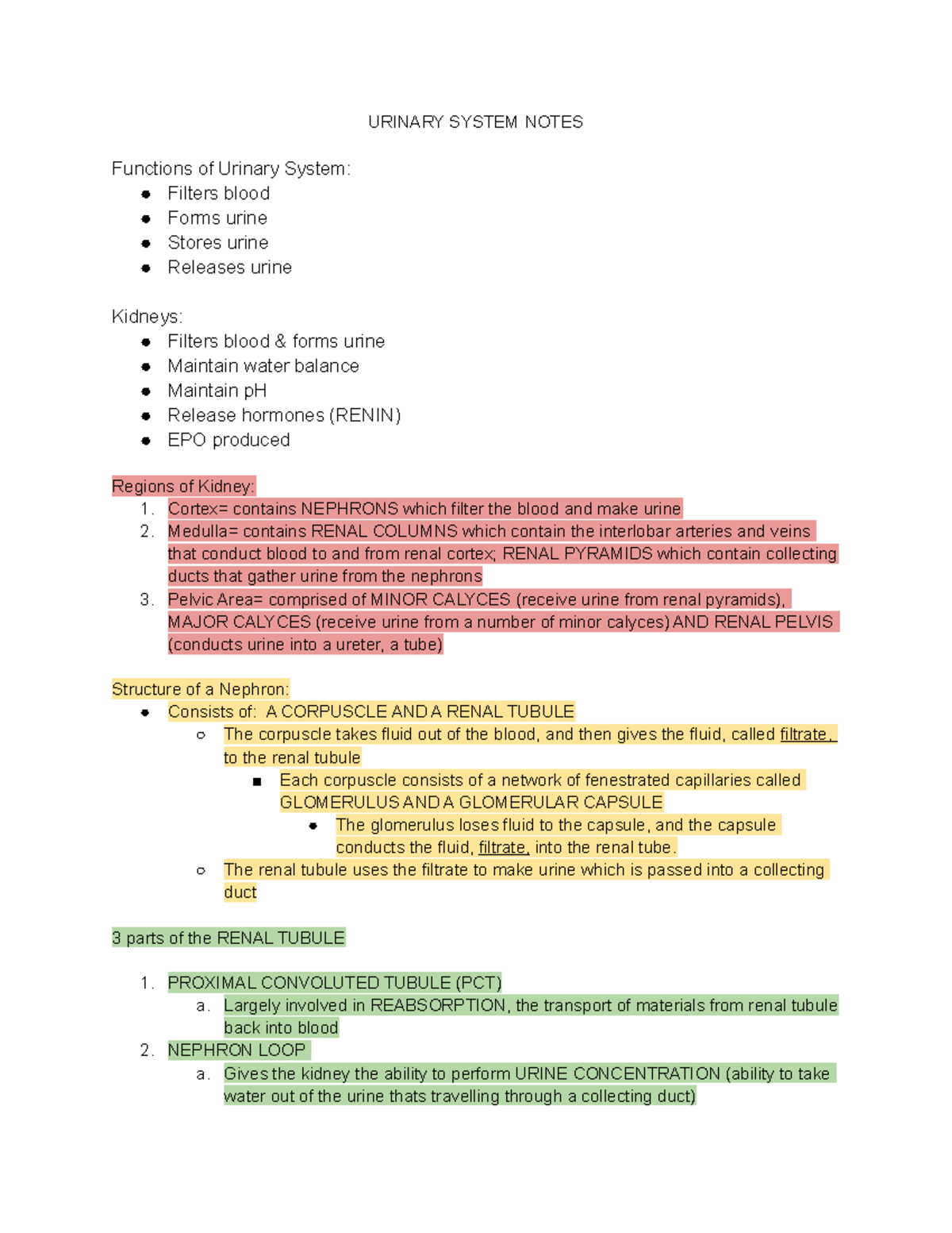 A&P Chp 25 Study Guide - URINARY SYSTEM NOTES Functions of Urinary ...