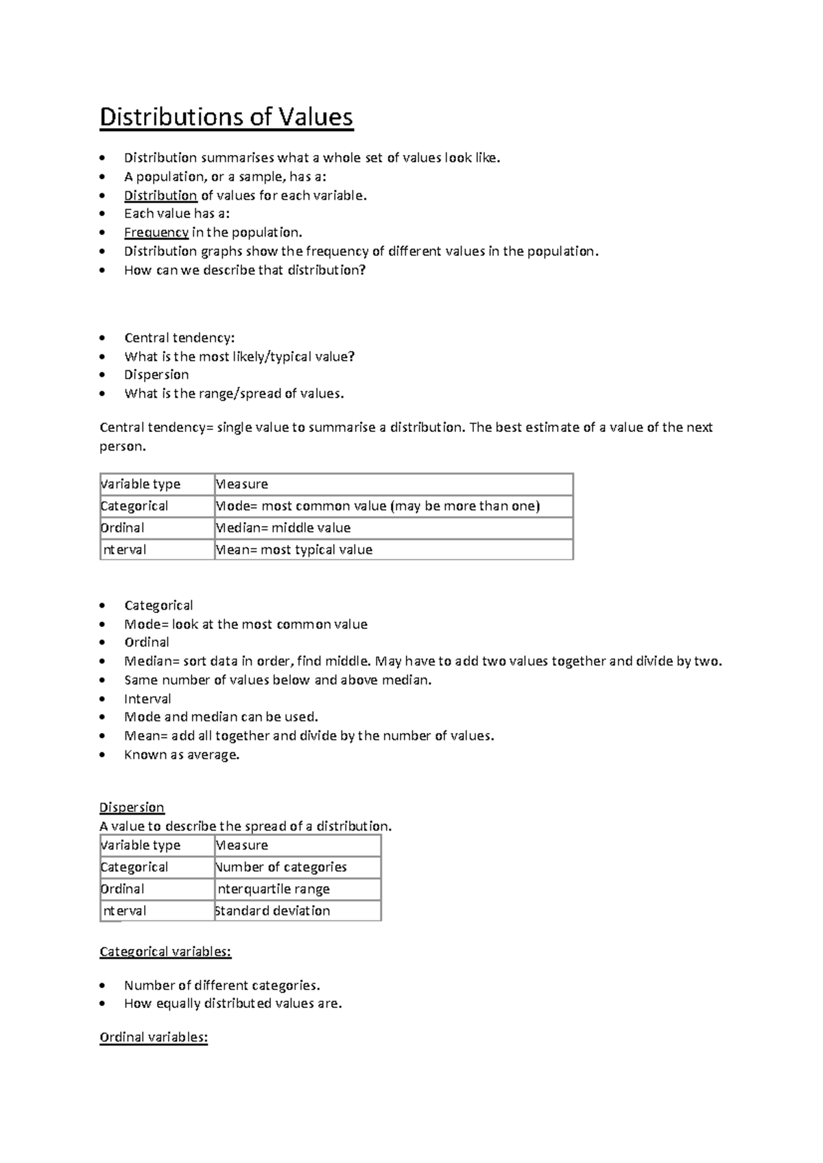 Distributions of values - Distributions of Values • Distribution ...