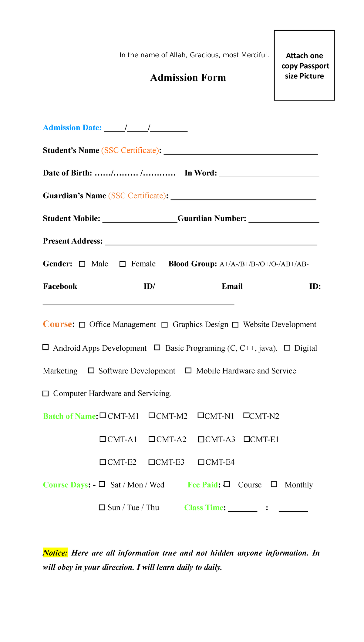 Admission Form - In the name of Allah, Gracious, most Merciful ...